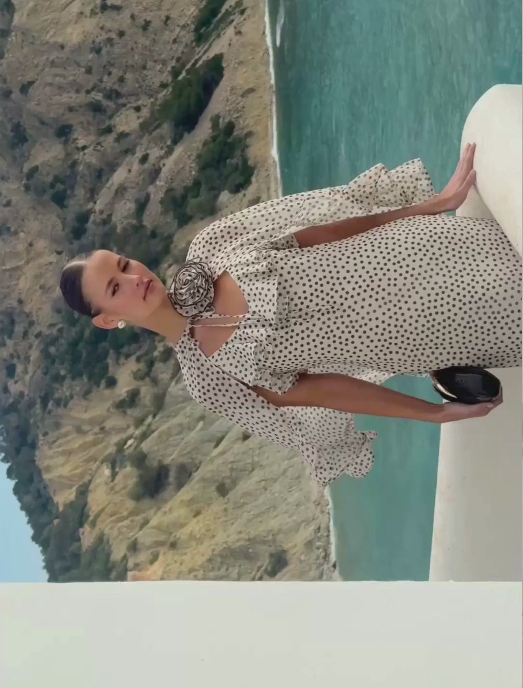 Candy Is 5'6" & Wears Size UK 8|Oriana Corsage Cape Maxi Dress - Cream and Brown Polkadot