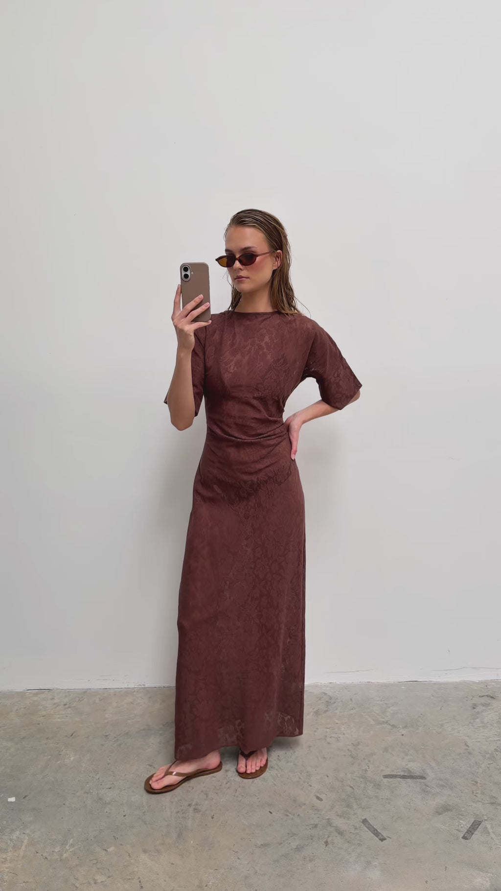Nina is 5'8" & Wears Size UK 6|Suvi Crochet T-shirt Dress - Chocolate Brown
