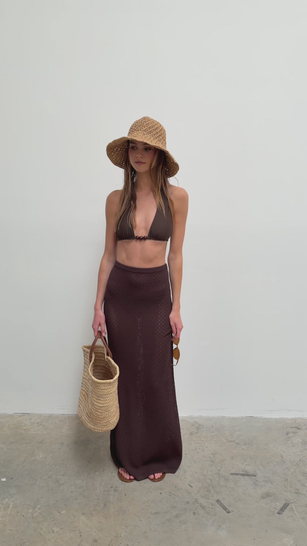 Nina is 5'8" & Wears Size UK XS|Dani Knit Lace Maxi Skirt - Chocolate