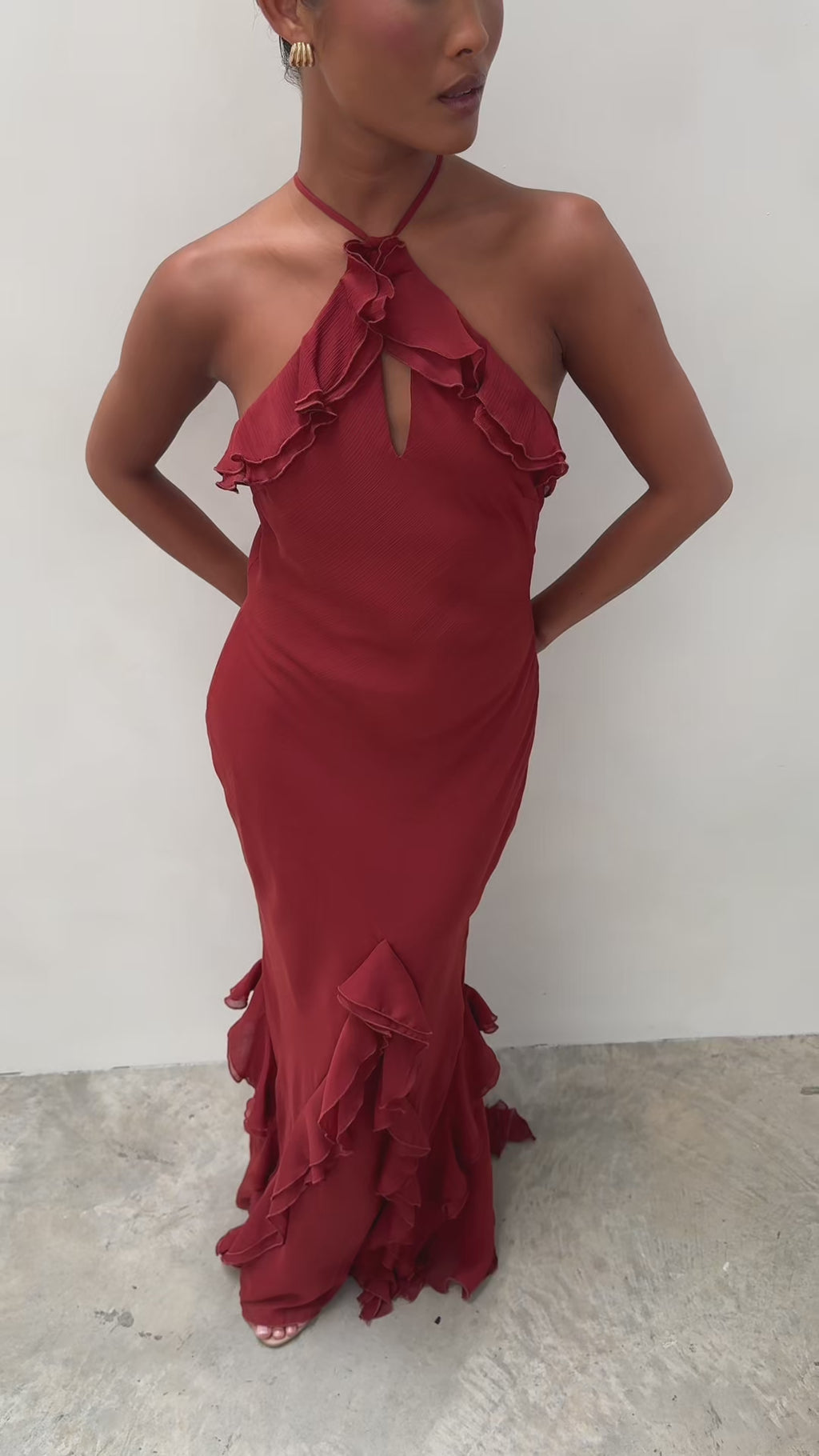 Elle Is 5'3" & Wears Size UK 6|Sofia Halter Neck Ruffle Maxi Dress - Rust