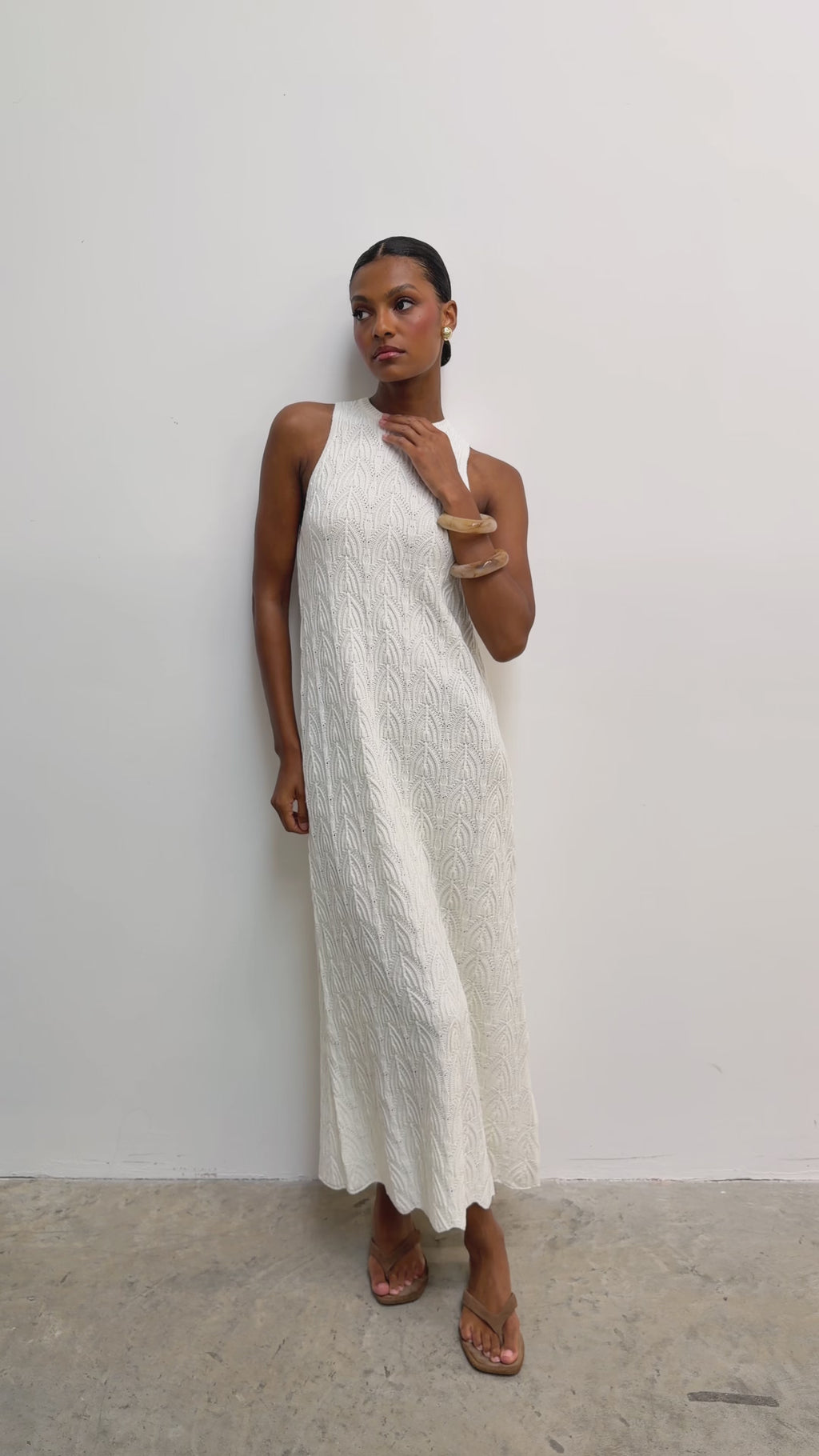 Montanna is 5'7" & Wears Size UK XS|Cleo Rustic Knit Midaxi Dress - Cream