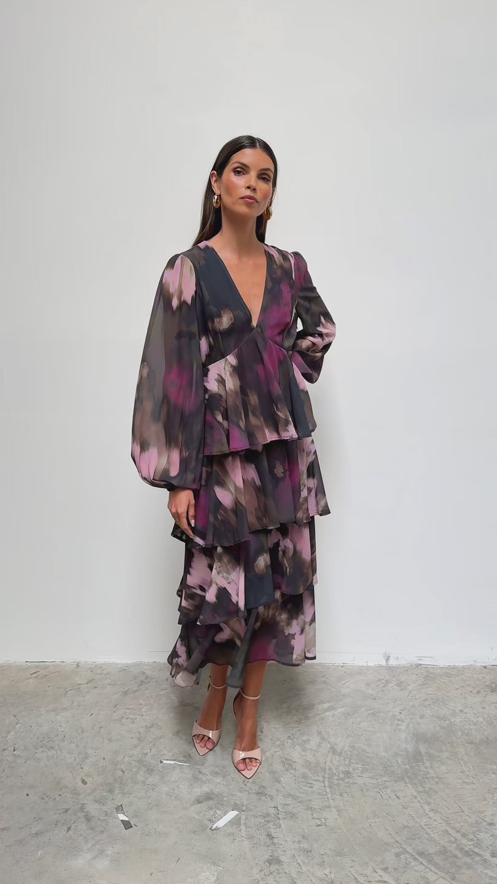 Taina Is 5'8.5" & Wears Size UK 6|Ashton Ruffle Midi Dress - Purple and Khaki Ombre