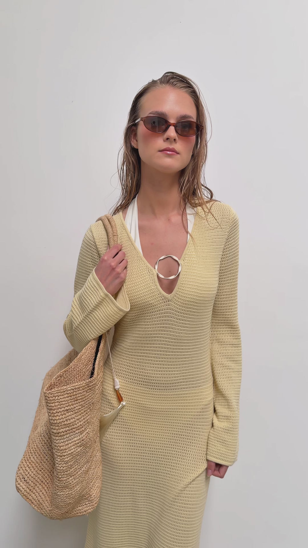 Nina is 5'8" & Wears Size UK XS|Riviera Hardware Knit Midaxi Dress - Lemon