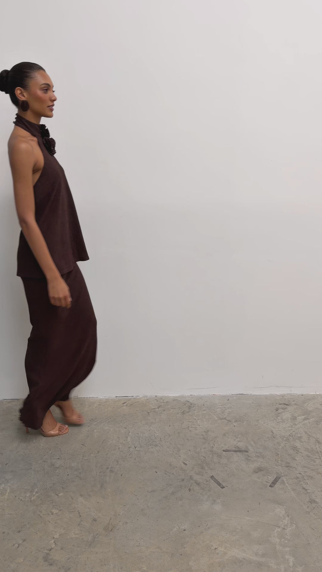 Lana is 5'9.5" & Wears Size UK 8|Evalina Corsage Halterneck Top - Brown
