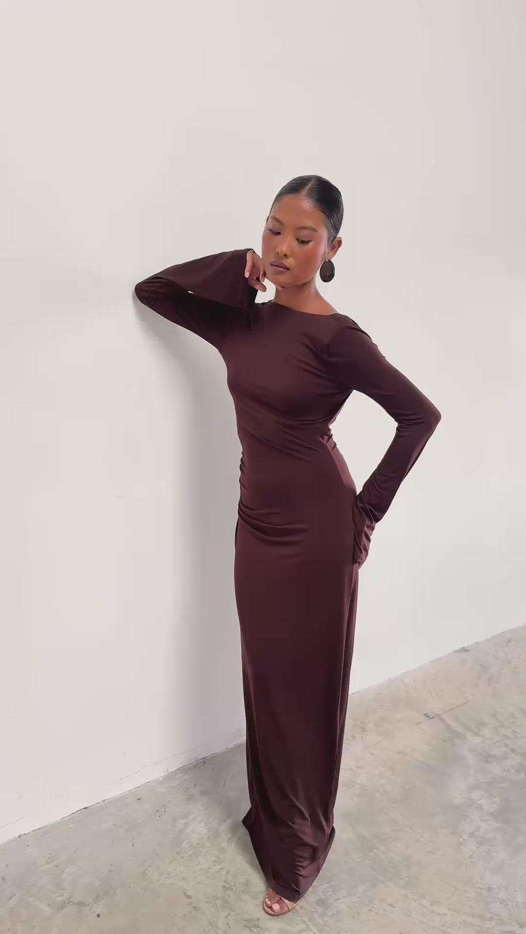 Elle Is 5'3" & Wears Size UK 6|Hadley Cowl Back Jersey Maxi Dress - Brown
