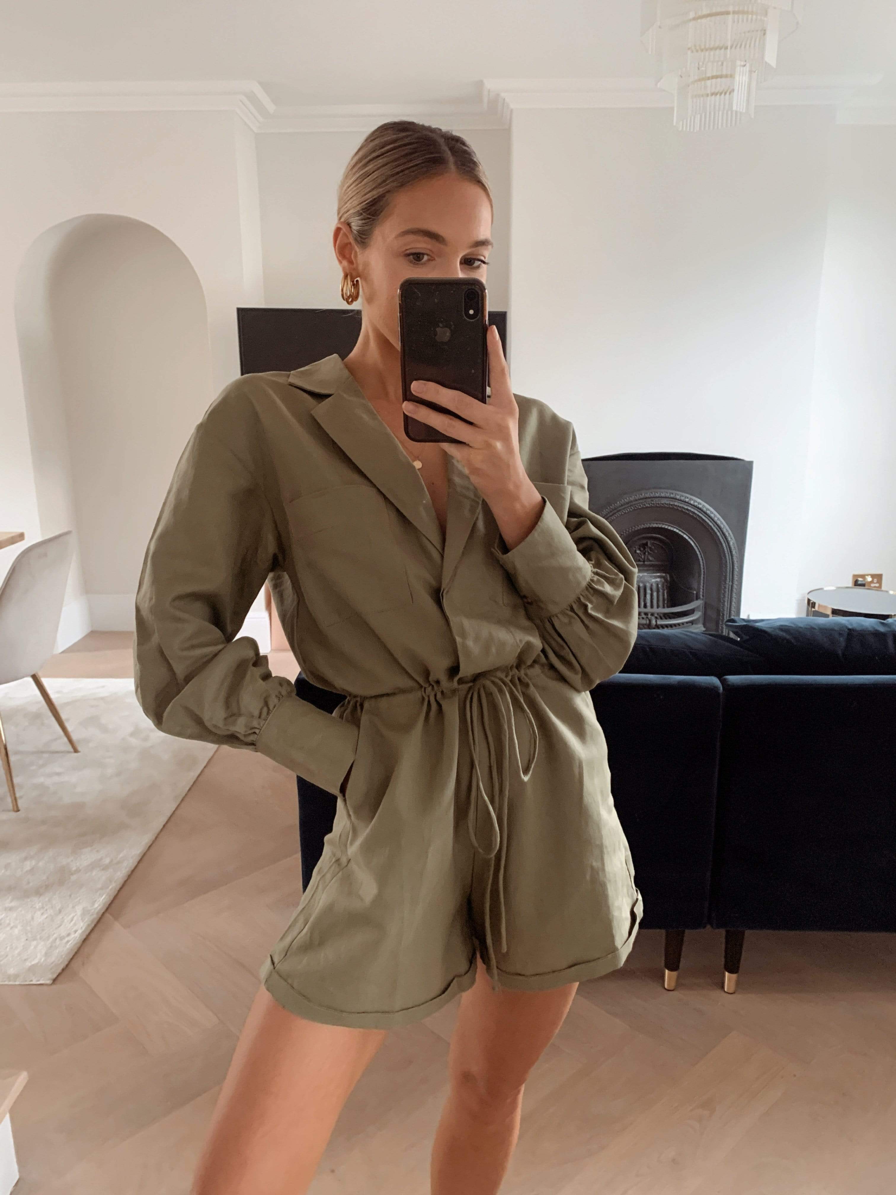 Skyla Linen Playsuit - Khaki (4699640791133)