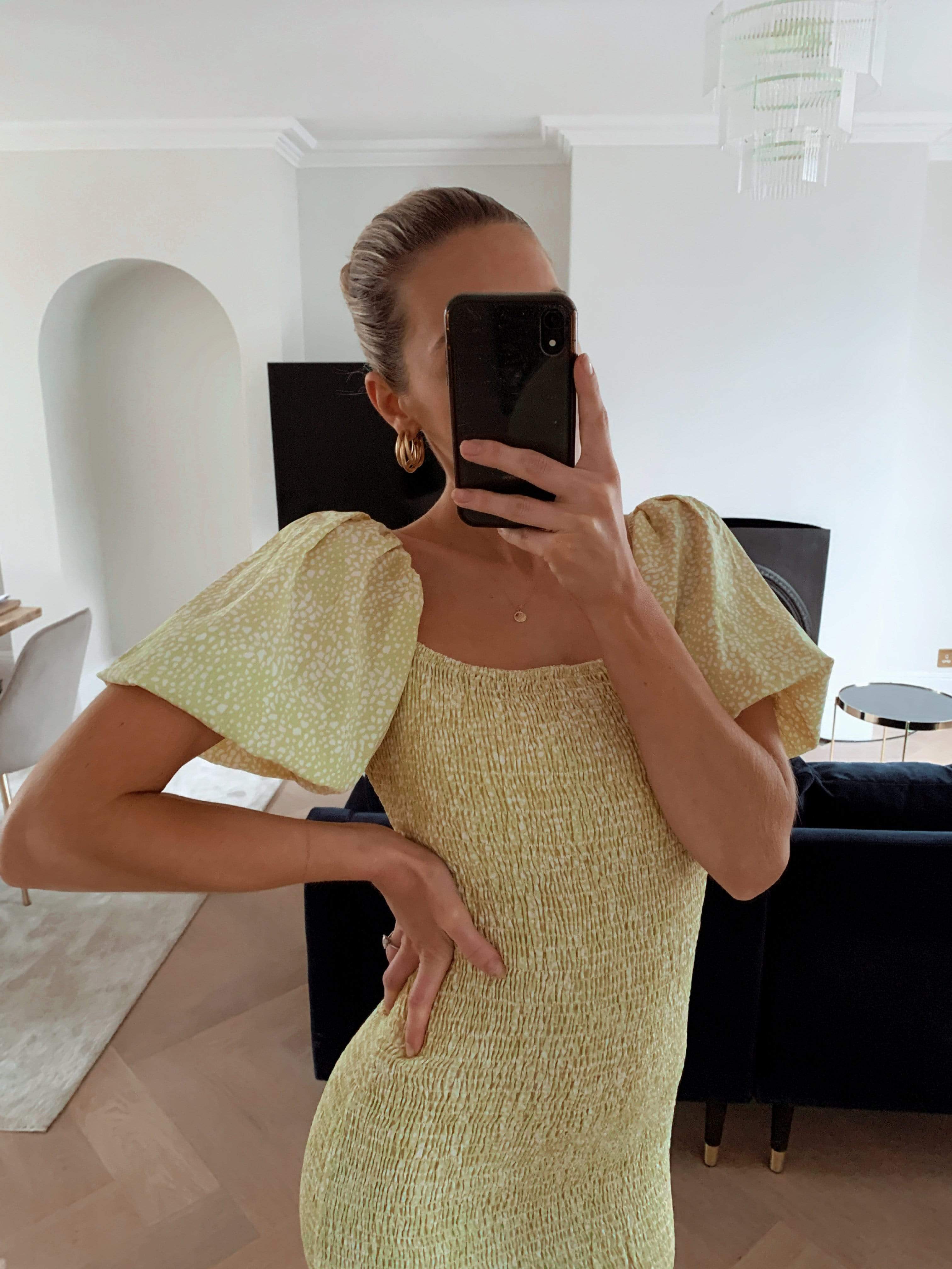 Libby Mini Shirred Dress - Lemon Spot, Dress - Pretty Lavish (4670732075101)