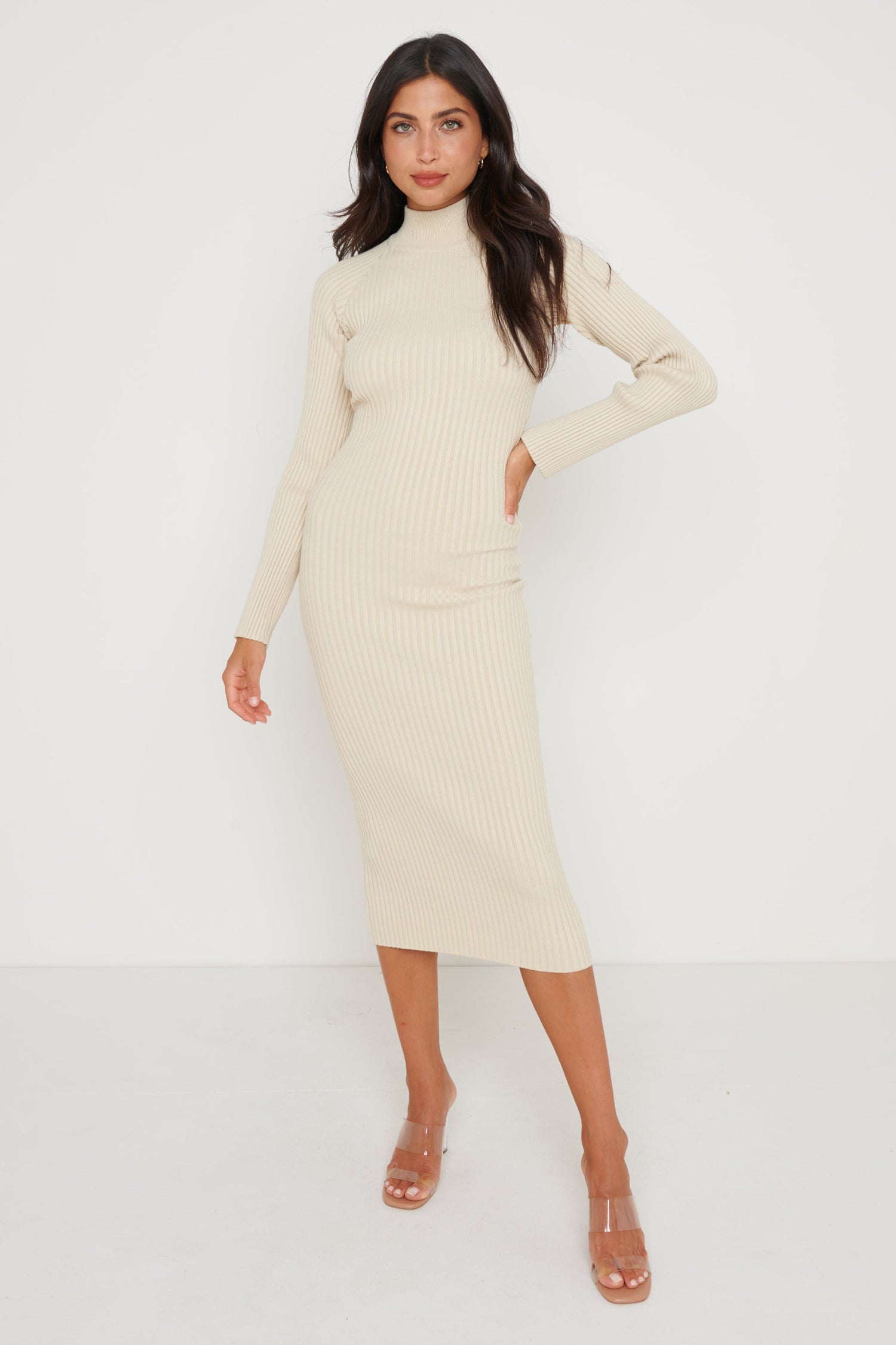 Abbey Ribbed Knit Dress - Light Beige – Pretty Lavish