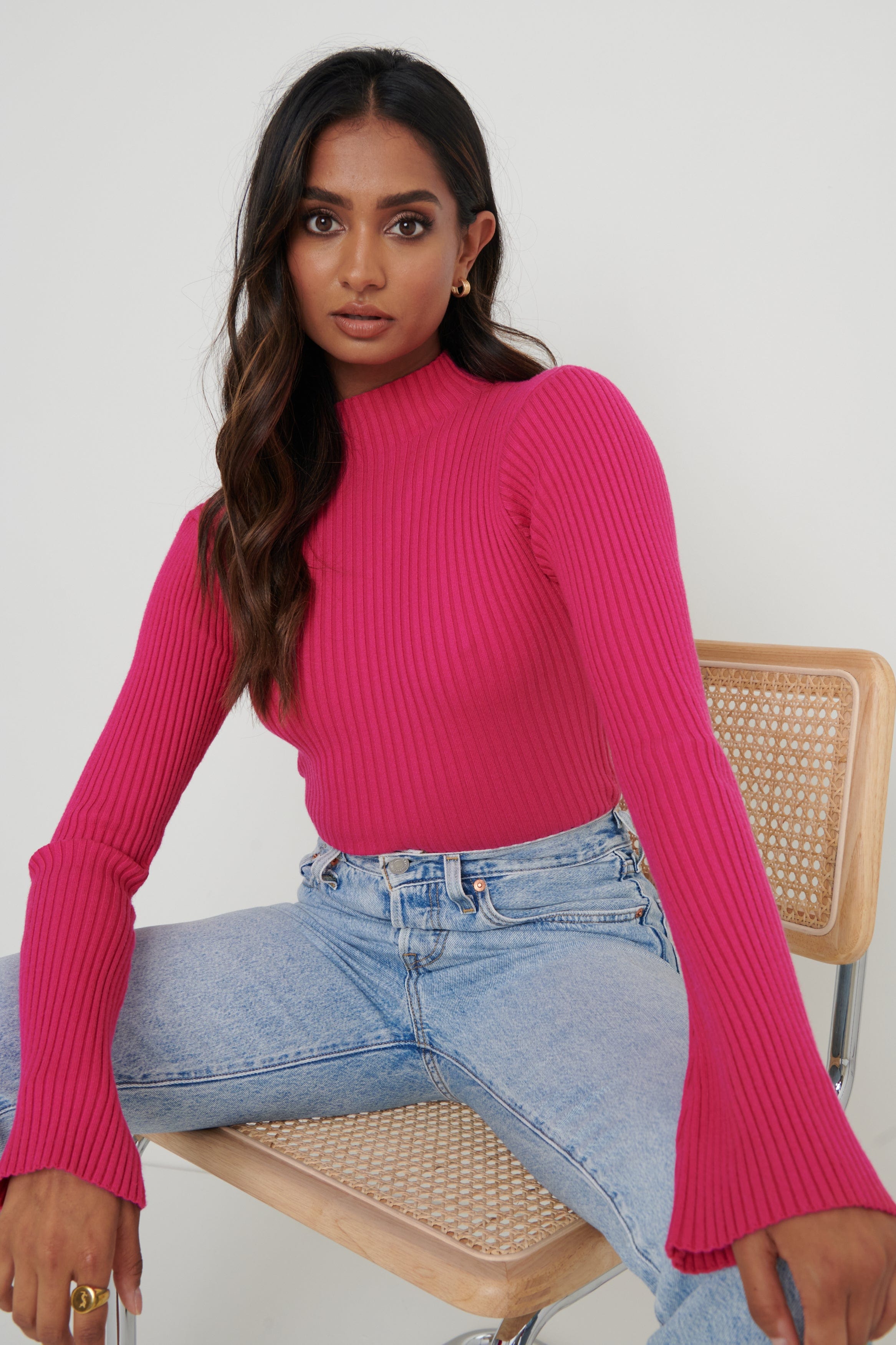 Abbey Ribbed Grown Neck Top - Pink