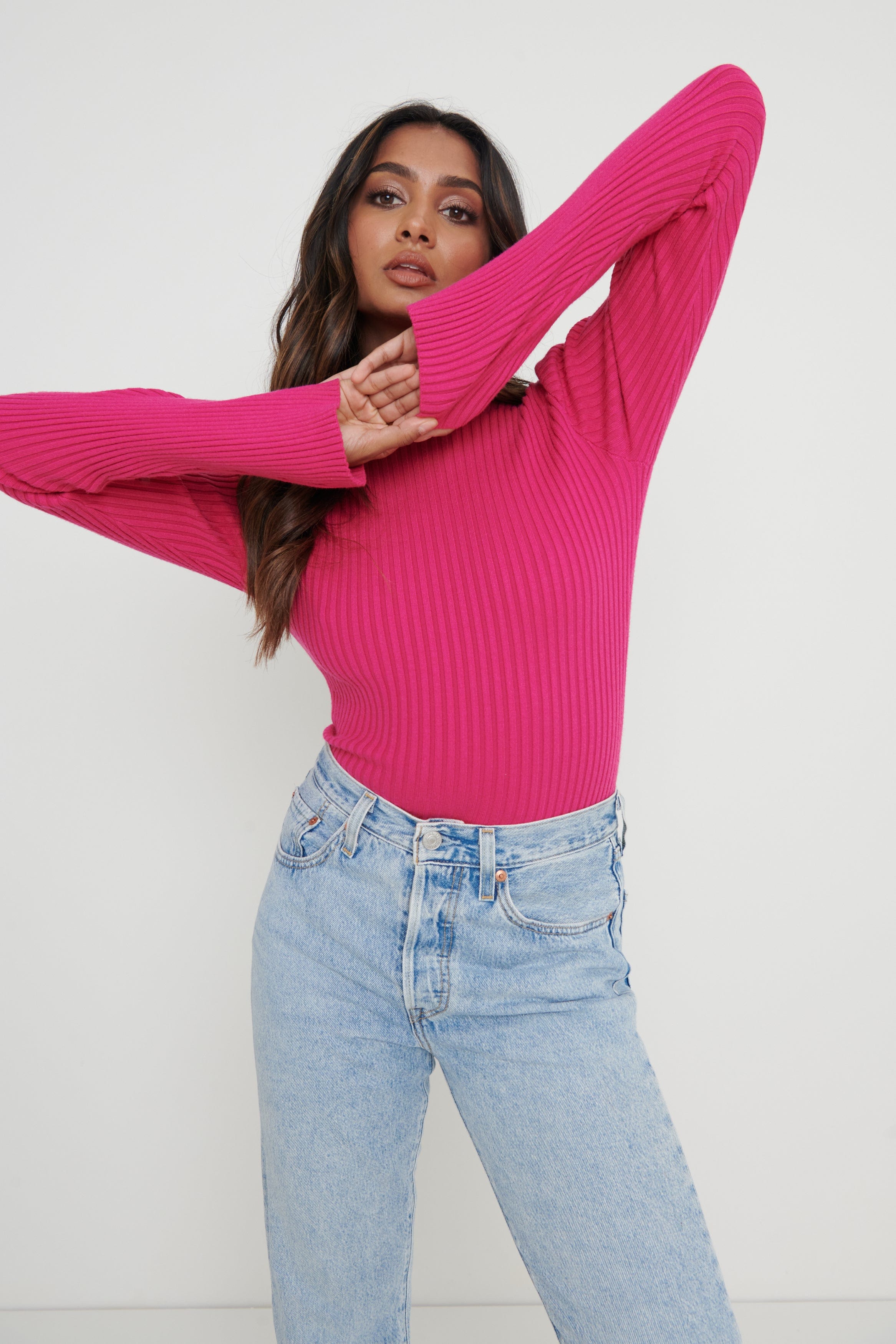 Abbey Ribbed Grown Neck Top - Pink