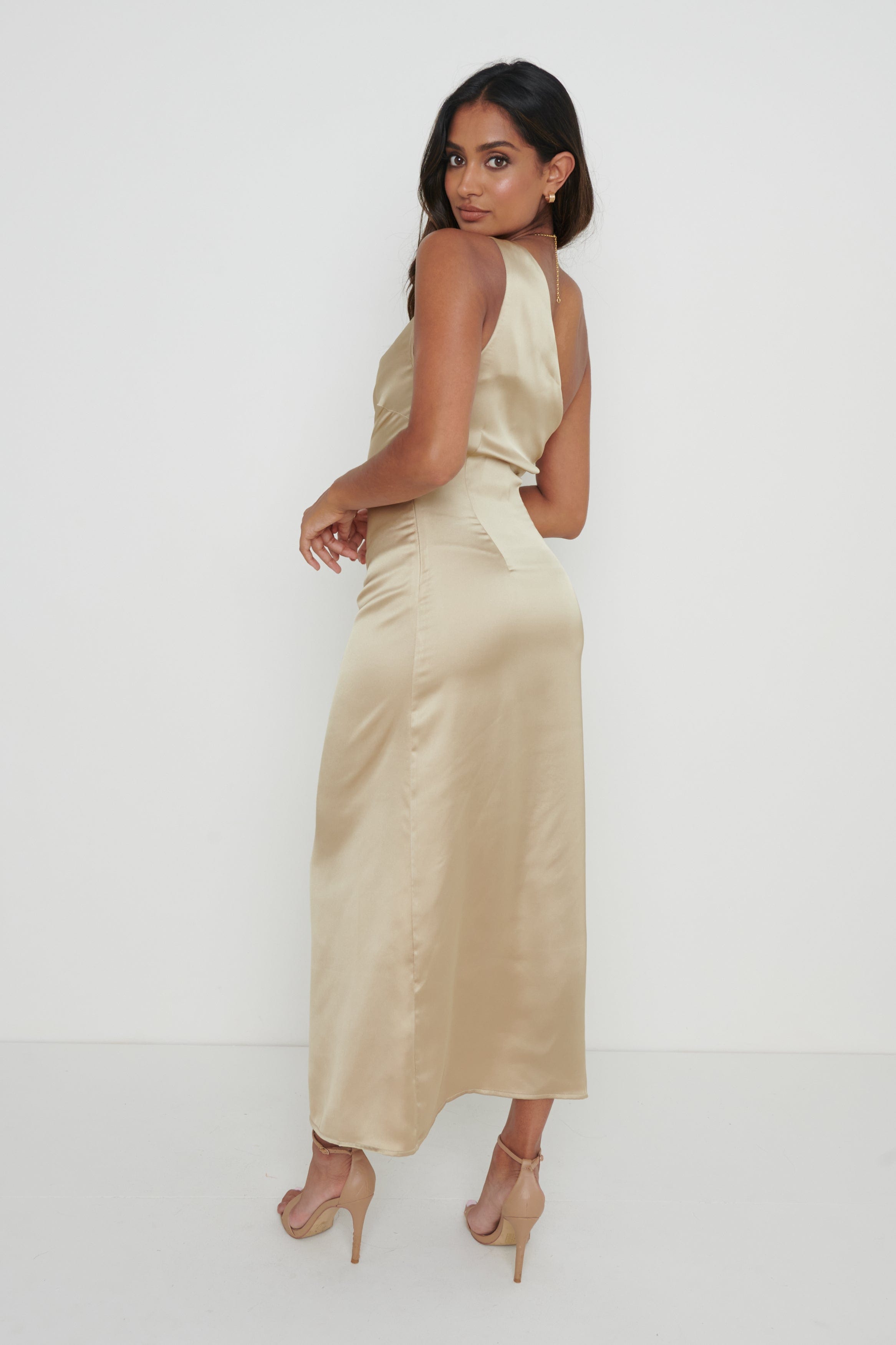 Amelia One Shoulder Ruched Satin Dress - Gold Pretty Lavish Amelia One Shoulder Ruched Satin Dress - Gold Pretty Lavish