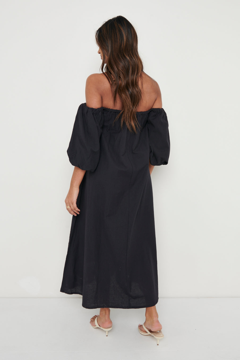 Amelie Puff Sleeve Bardot Dress - Black