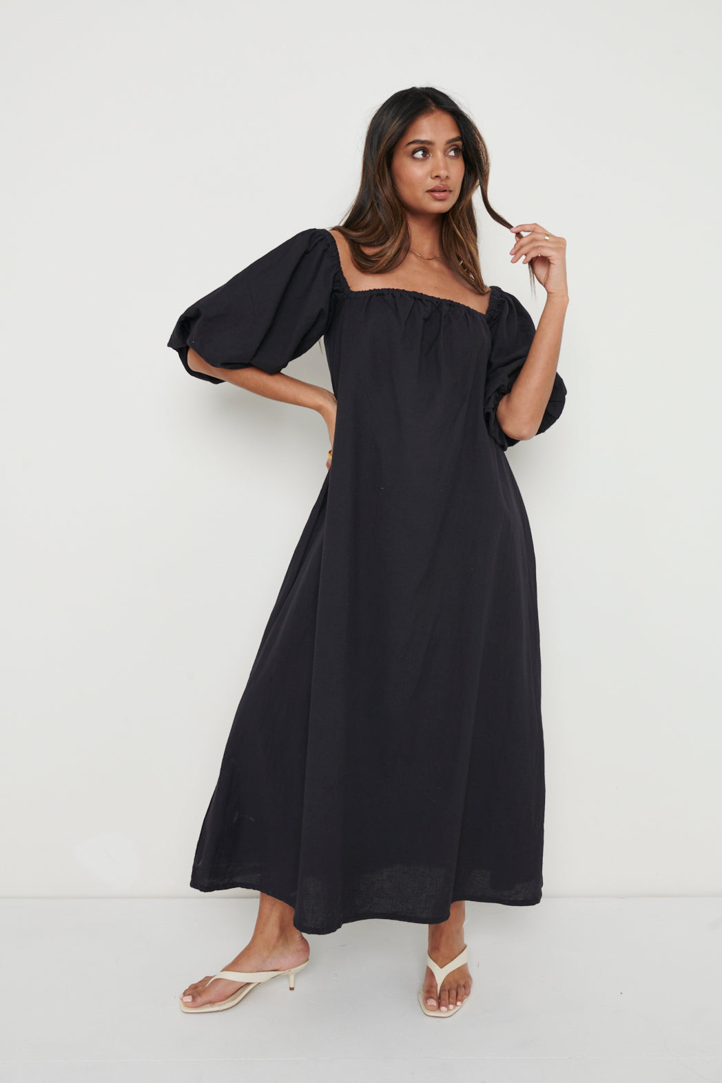 Amelie Puff Sleeve Bardot Dress - Black