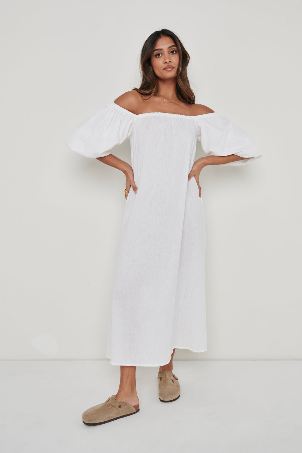 Amelie Puff Sleeve Bardot Dress - White – Pretty Lavish