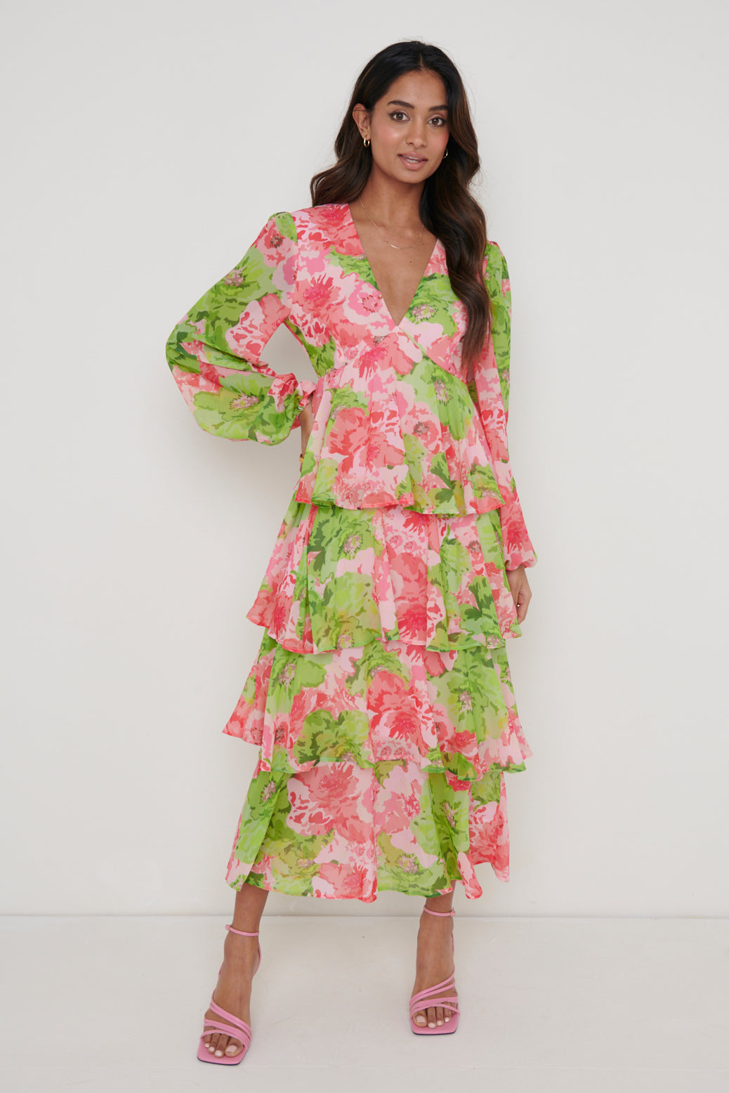 Ashton Ruffle Midi Dress - Patchwork Floral