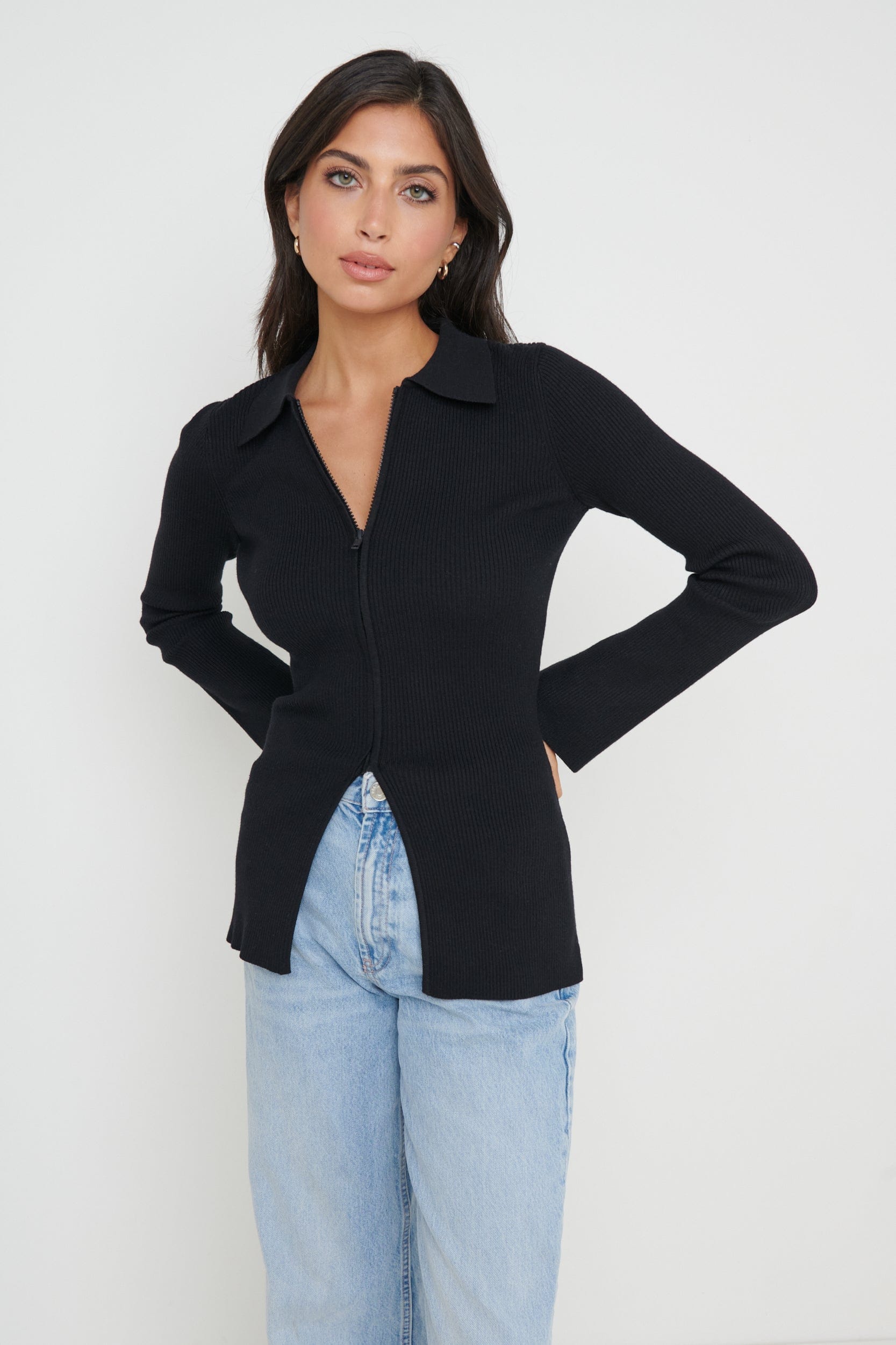 Avery Zip Knit Collared Top - Black