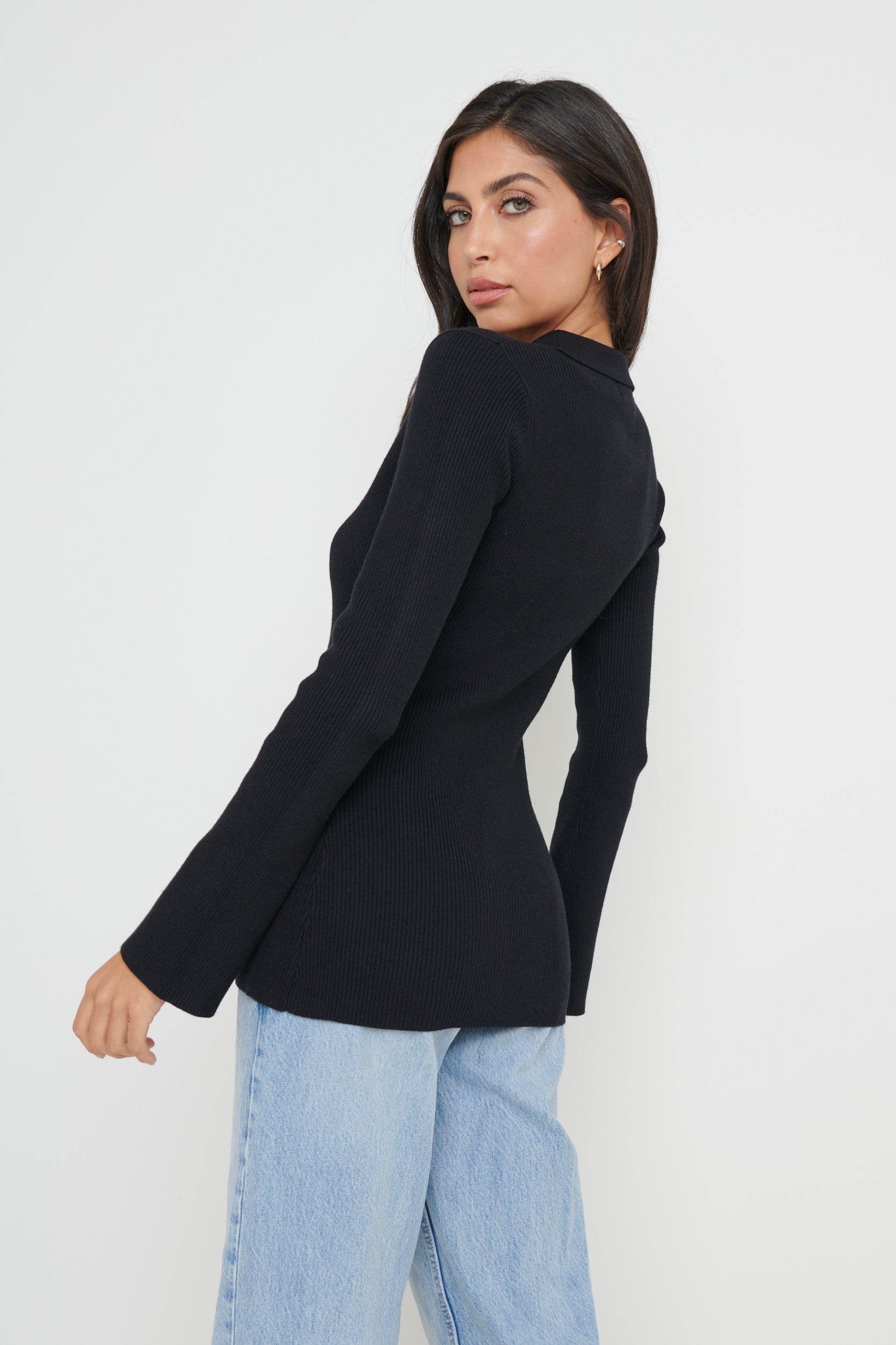 Avery Zip Knit Collared Top - Black