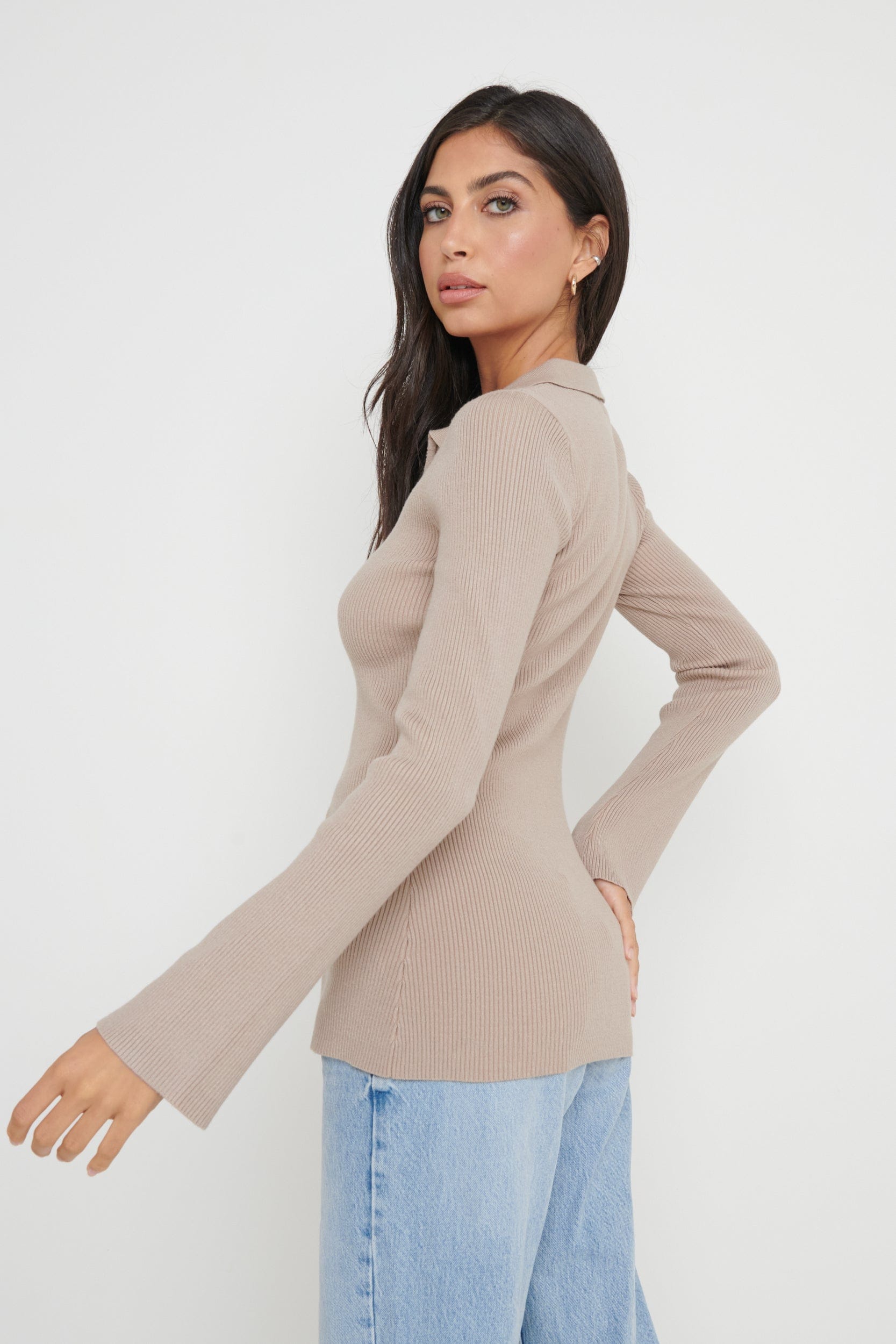 Avery Zip Knit Collared Top - Taupe