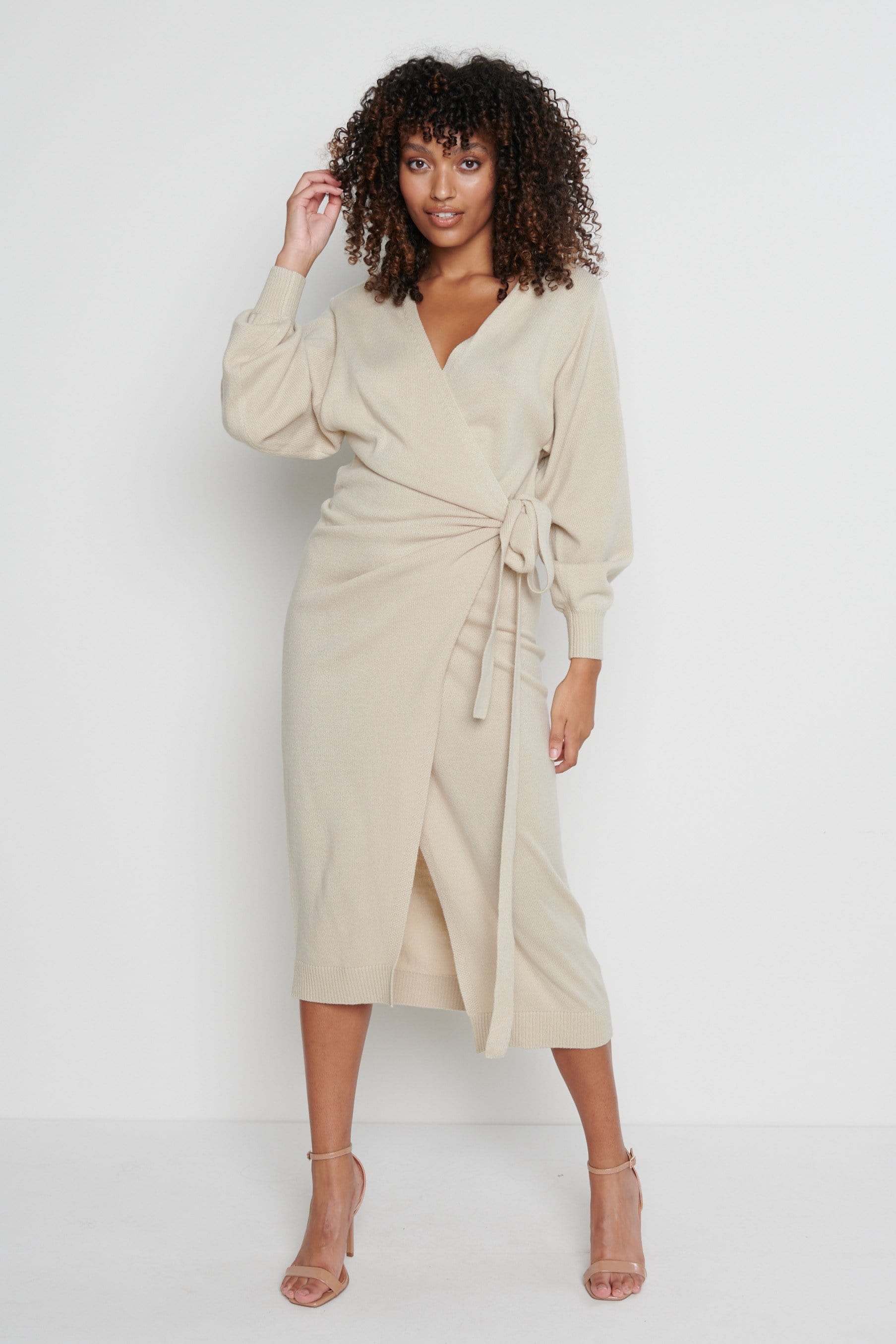 Beau Wrap Midi Dress - Beige Pretty Lavish Beau Wrap Midi Dress - Beige Pretty Lavish