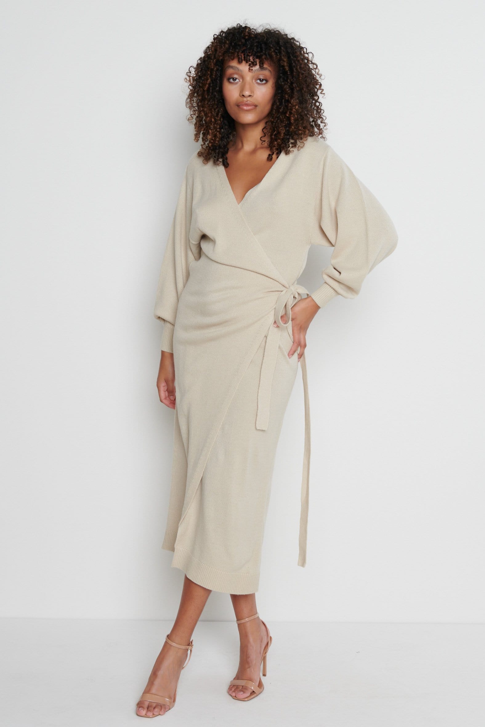 Beau Wrap Midi Dress - Beige Pretty Lavish Beau Wrap Midi Dress - Beige Pretty Lavish