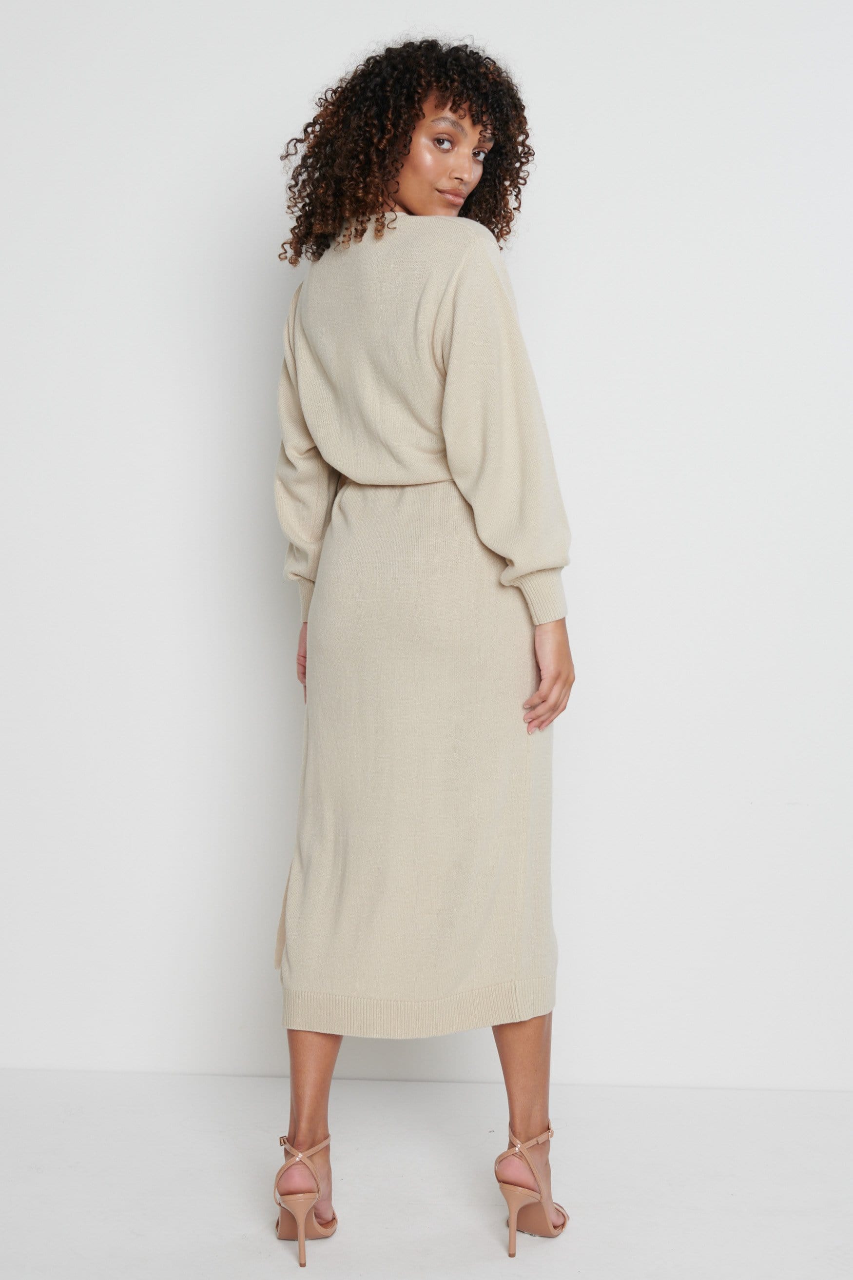 Beau Wrap Midi Dress - Beige Pretty Lavish Beau Wrap Midi Dress - Beige Pretty Lavish