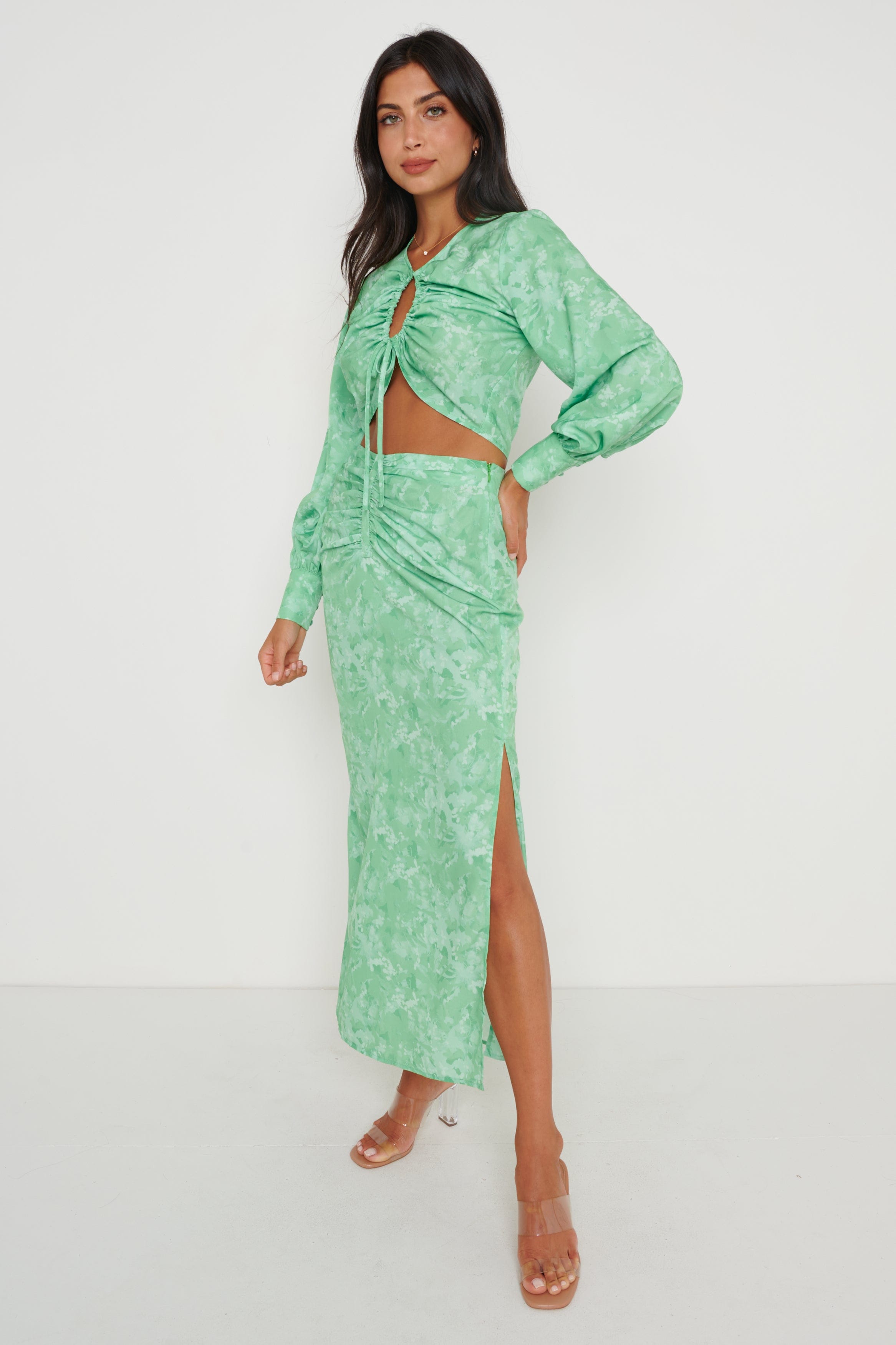 Jupe mi-longue à taille froncée Bec - Floral abstrait vert