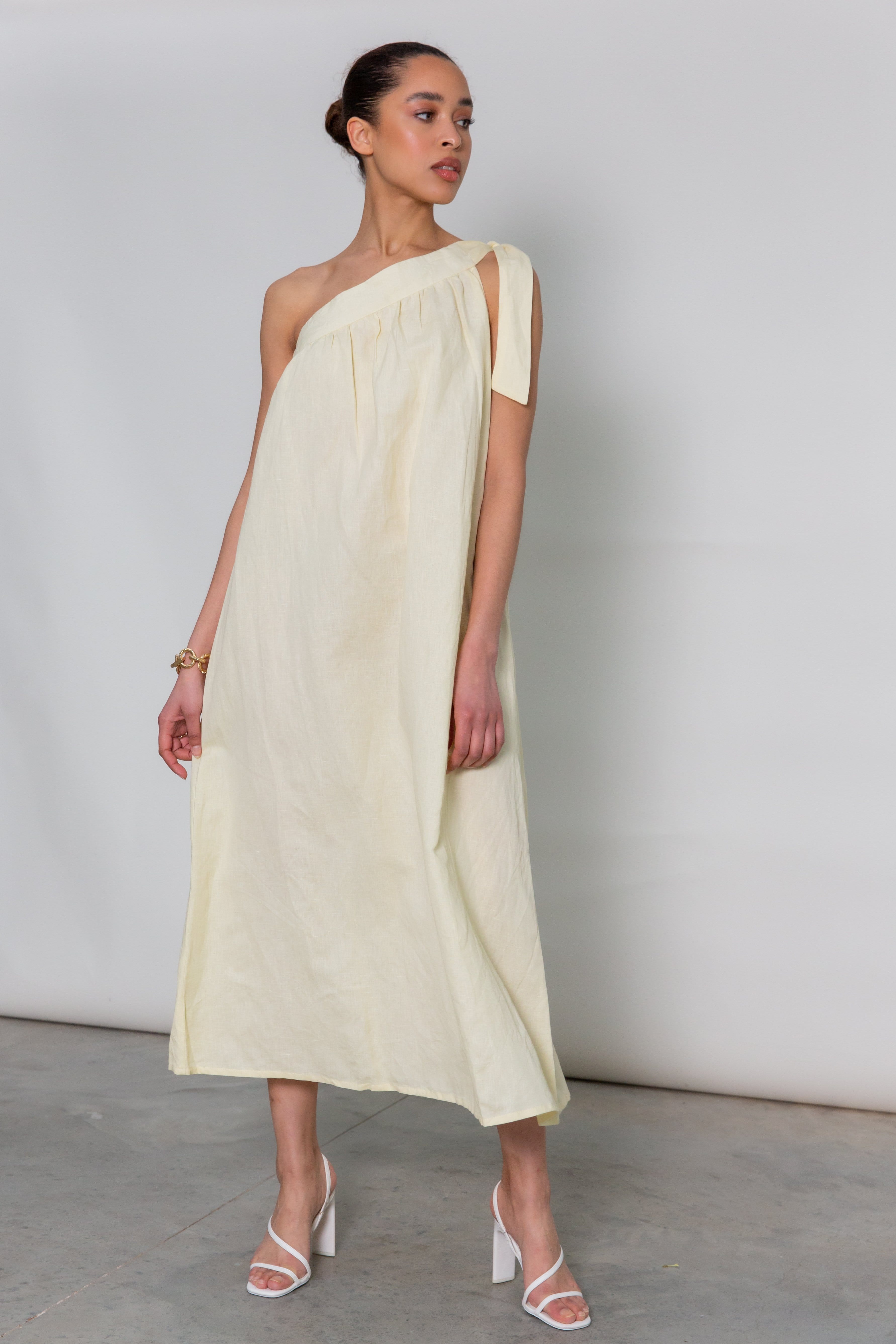 Oria One Shoulder Midi Dress - Lemon Yellow