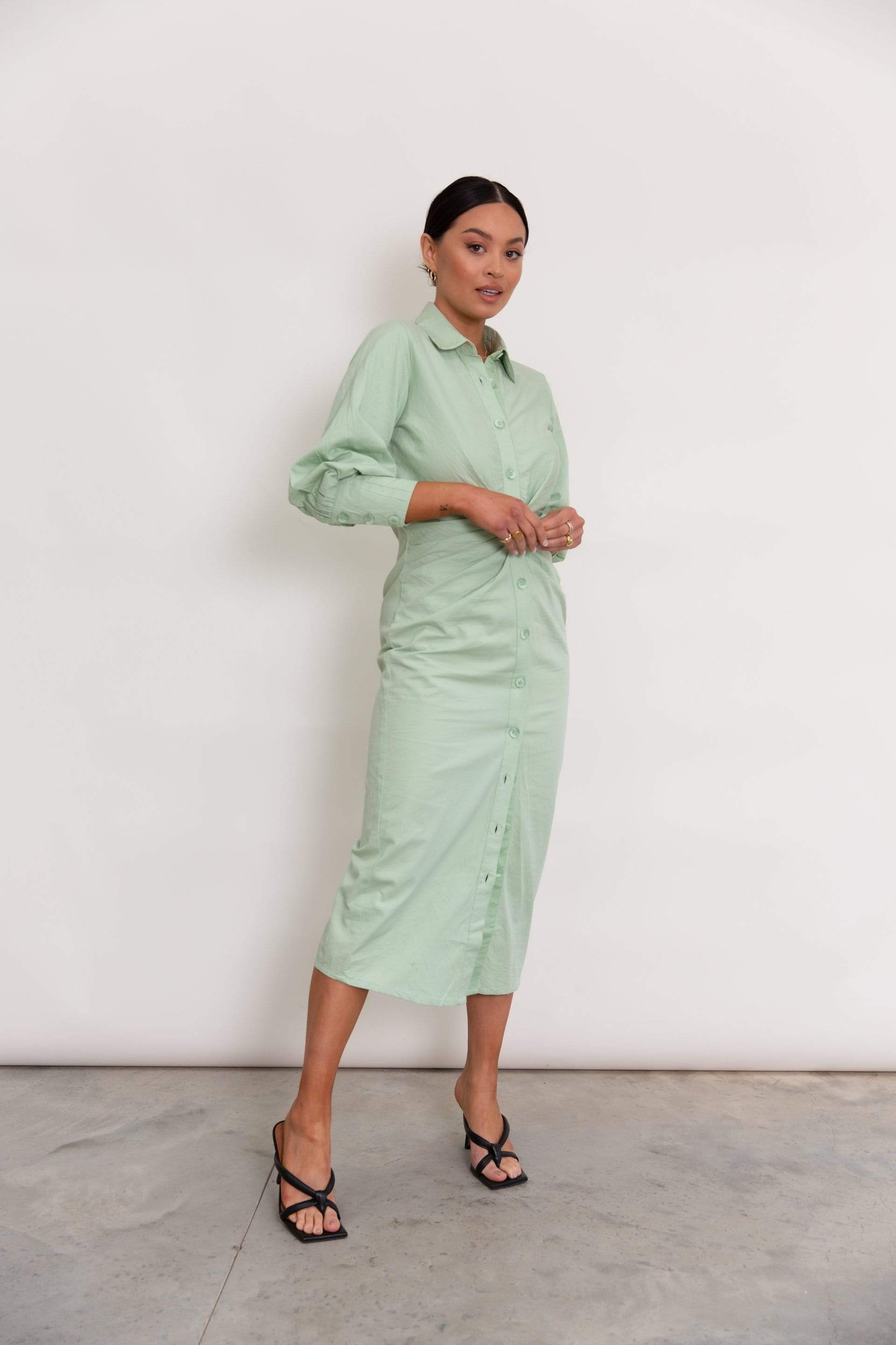 Ebony Ruched Midi Dress - Pastel Green (6544098590813)