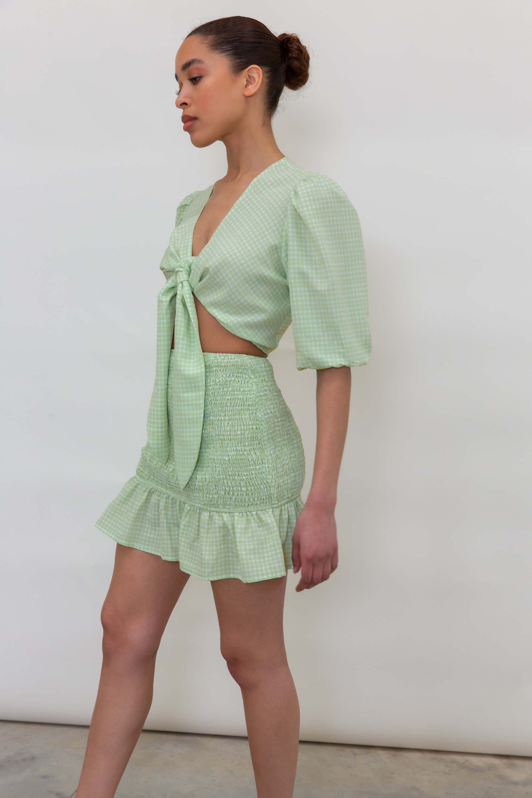 Jocie Shirred Mini Skirt - Green Gingham (6544099180637)