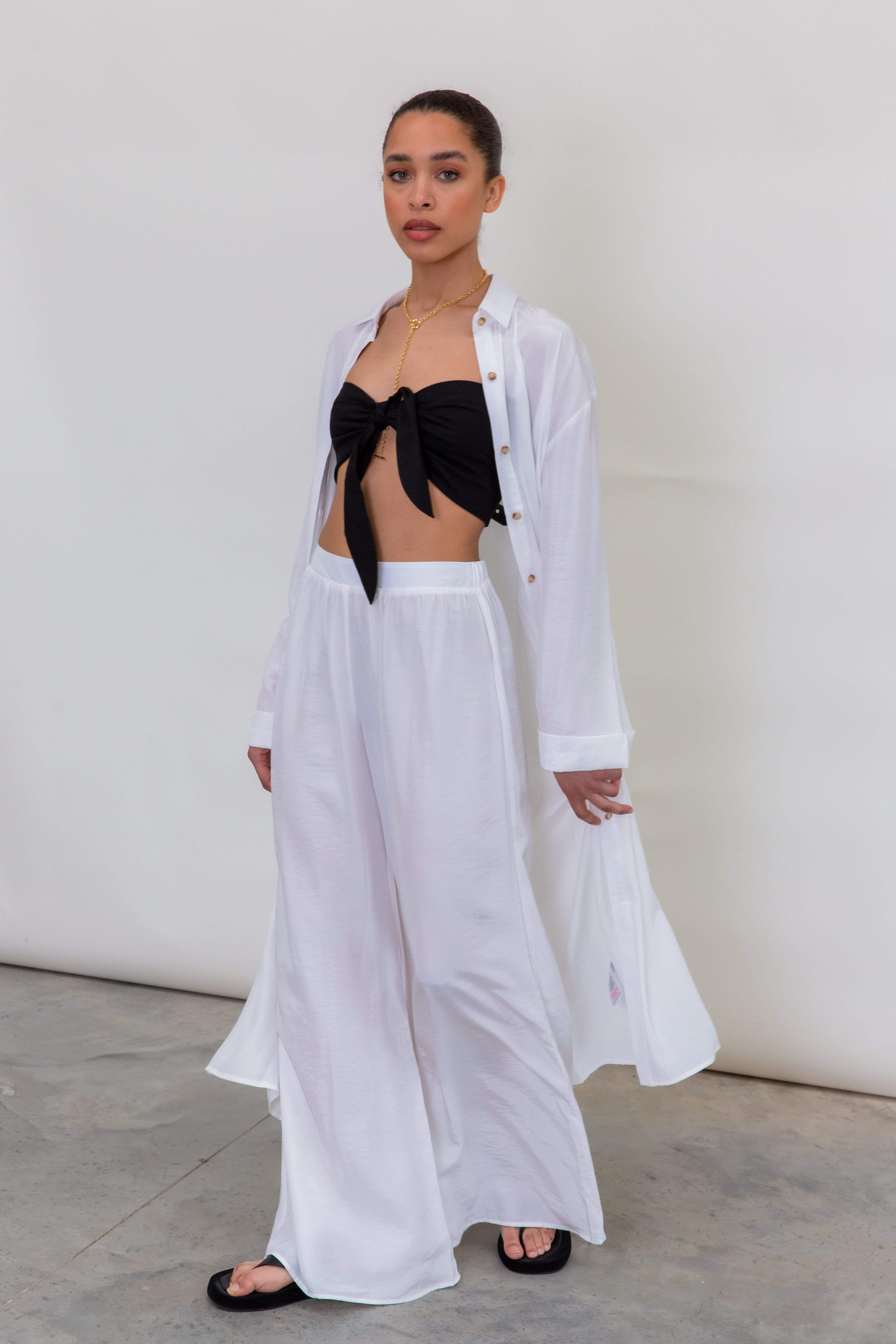 Esmee Exclusive shirred wide leg beach trousers in white  ASOS
