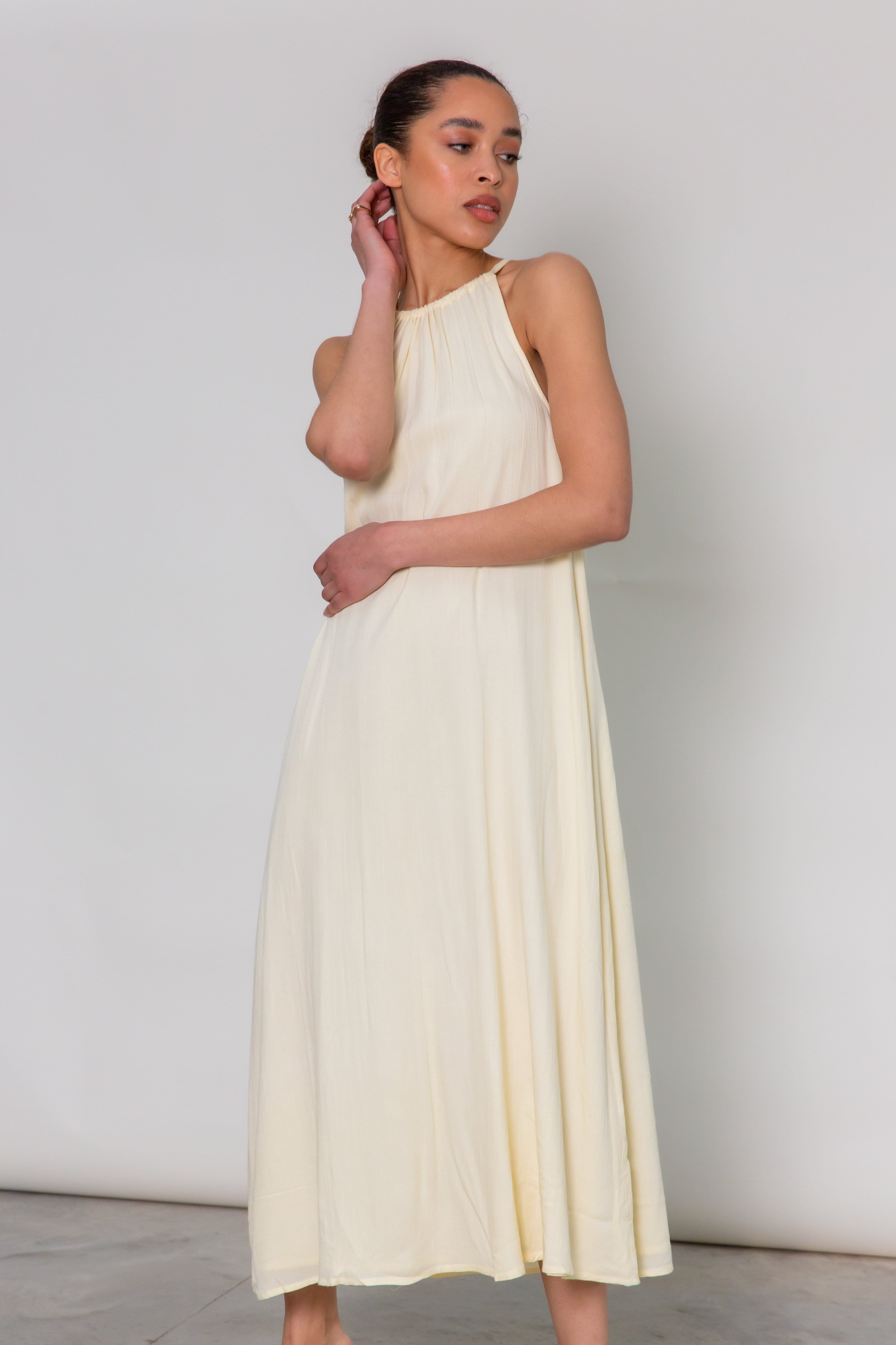 Fallon High Neck Midi Dress - Lemon Yellow