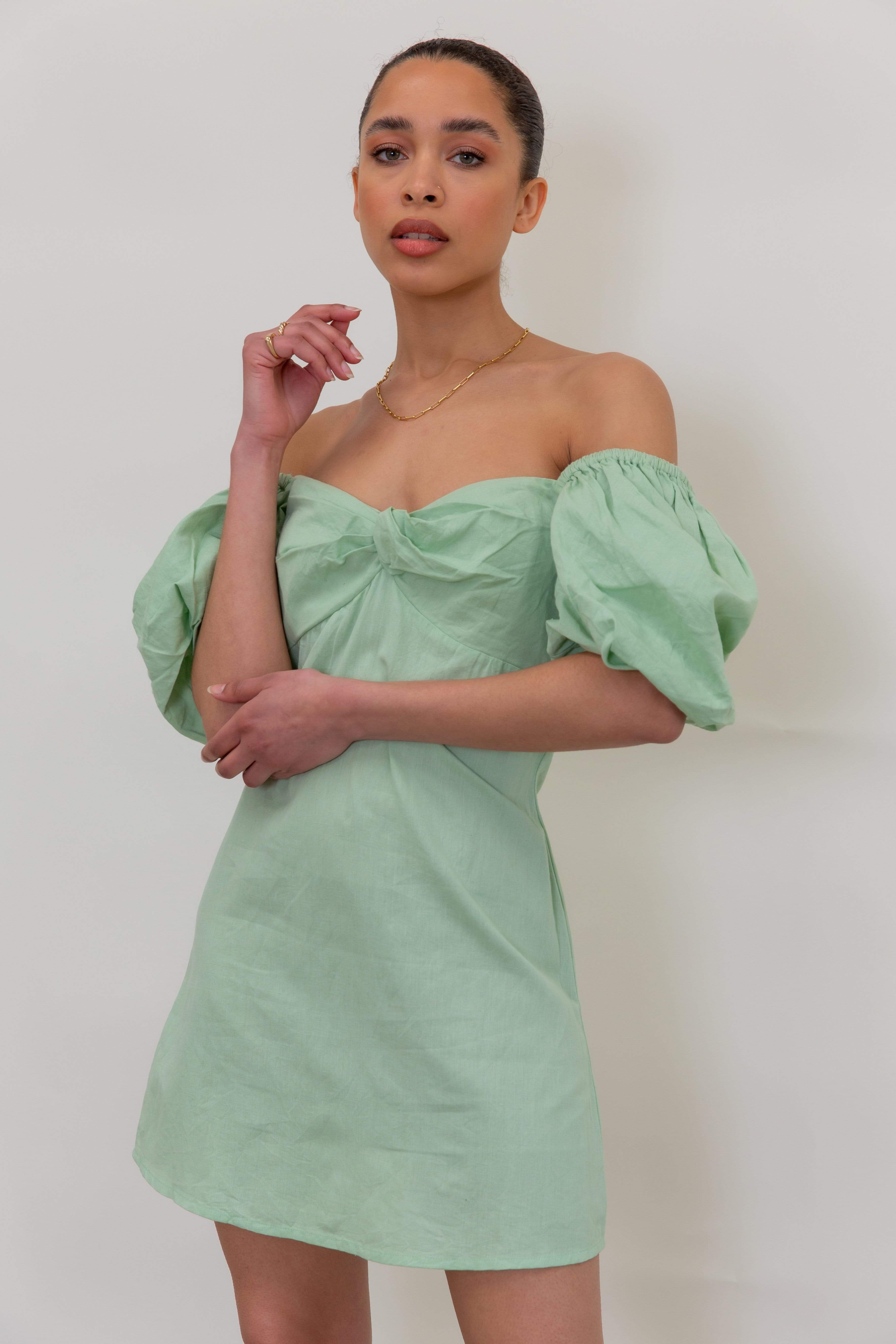 Jenna Puff Sleeve Mini Dress - Pastel Green (4827781857373)