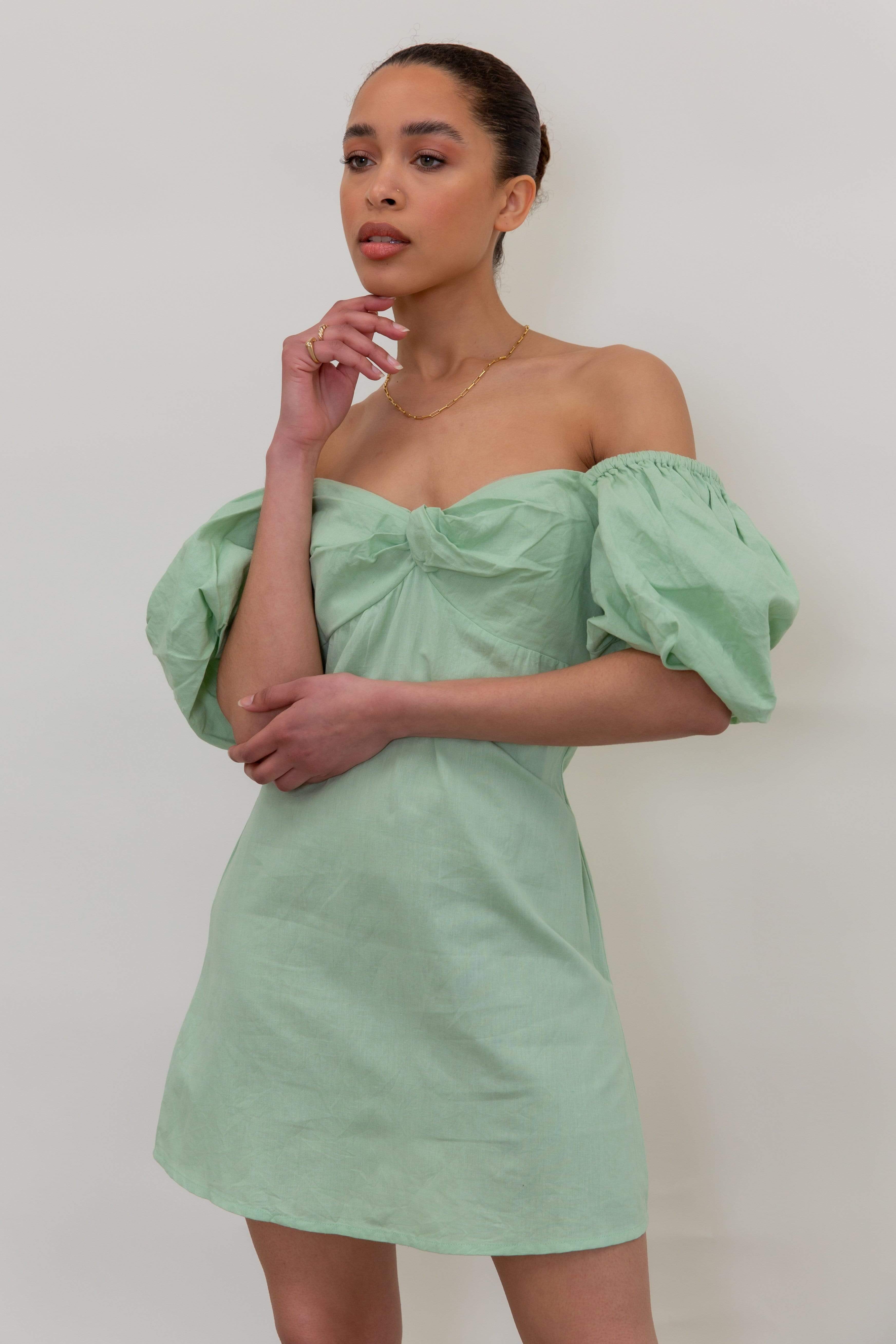 Jenna Puff Sleeve Mini Dress - Pastel Green (4827781857373)