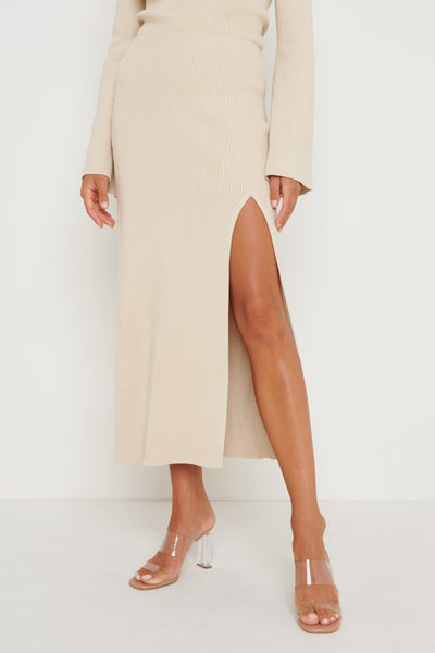 Blythe Slit Knit Skirt - Beige – Pretty Lavish