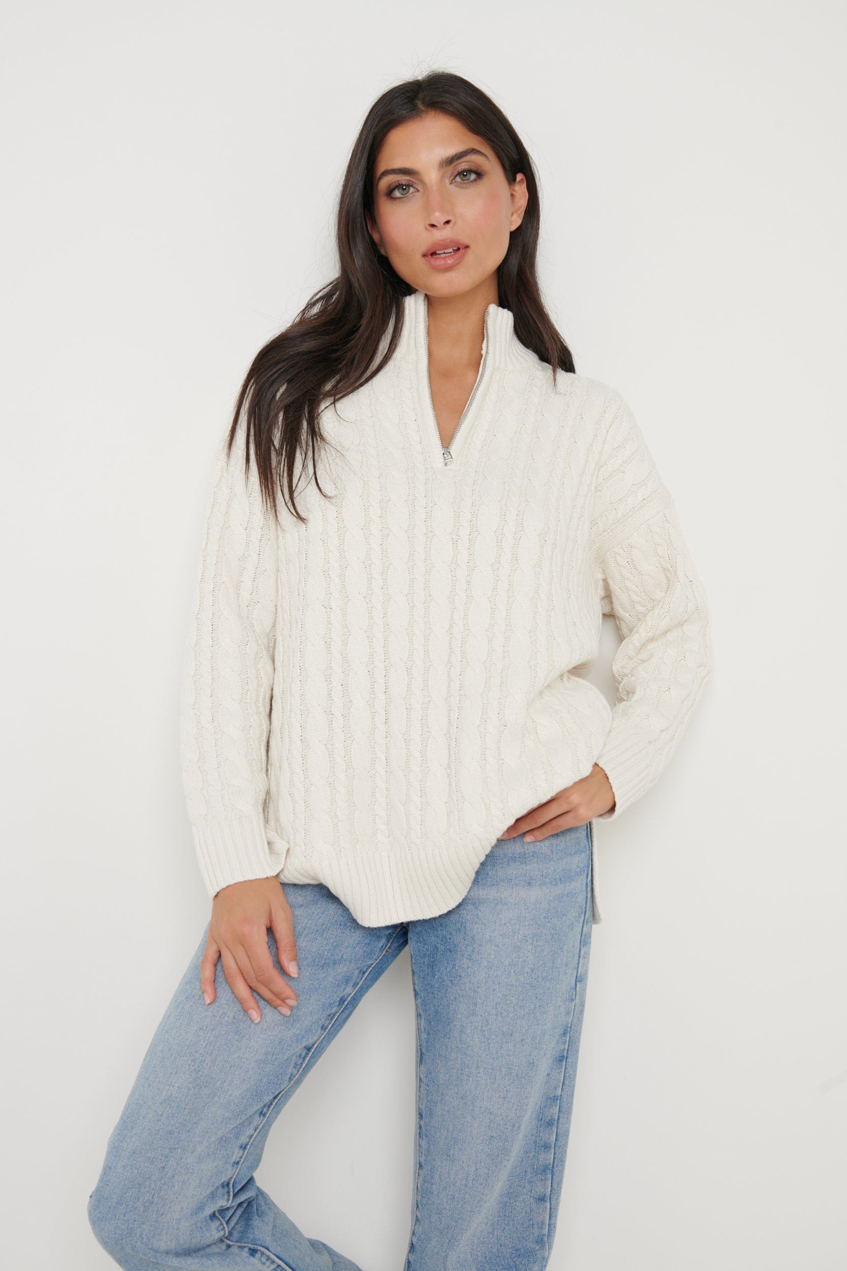 Cream Half Zip Cable Knitted Sweater