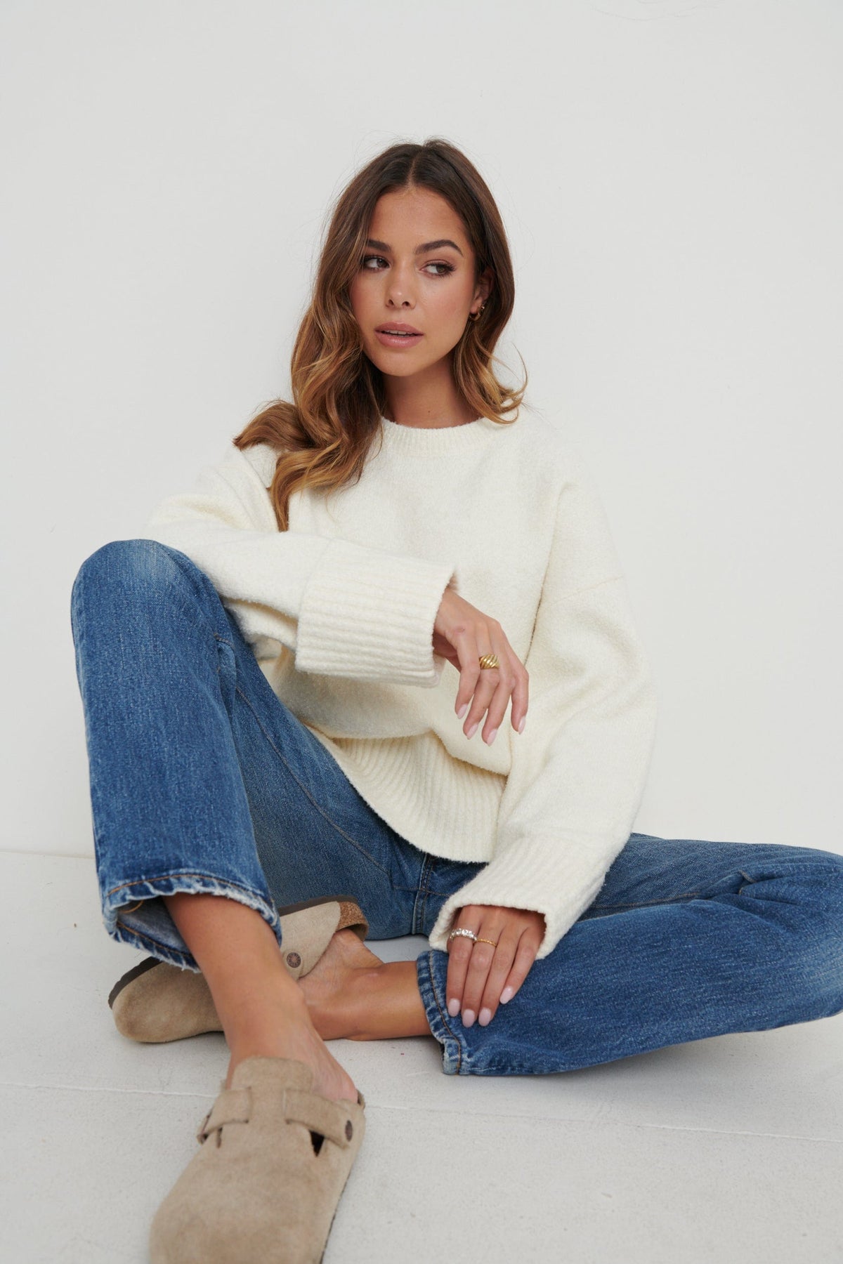Cream Knitted Borg Oversized Roll Neck Jumper - Ebbie