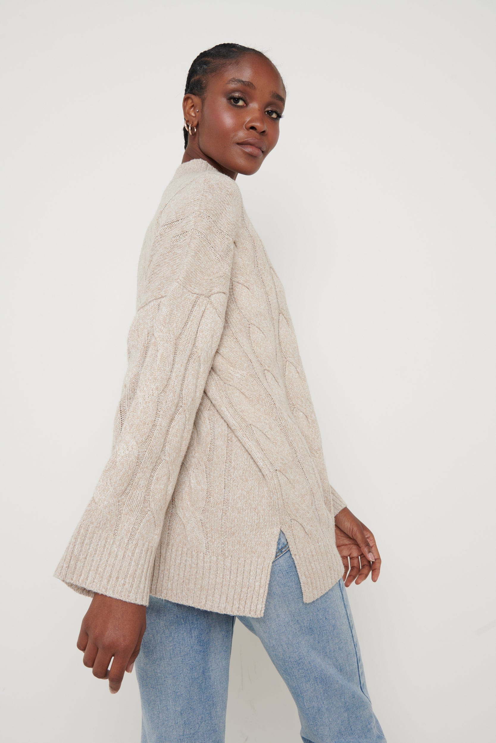 Caprice Cable Knit Roll Neck Jumper - Beige