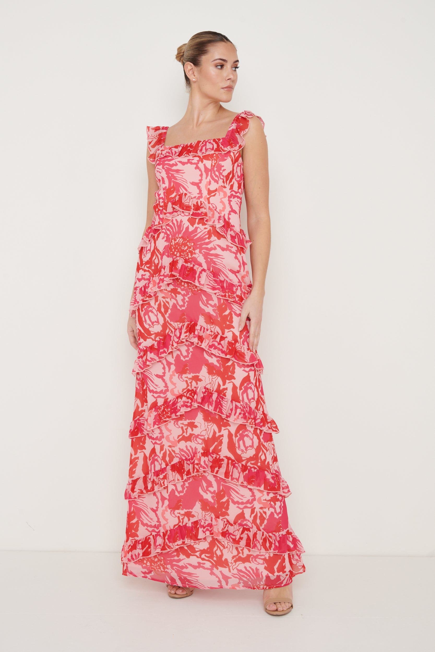Robe longue Cécile - Floral rose et rouge