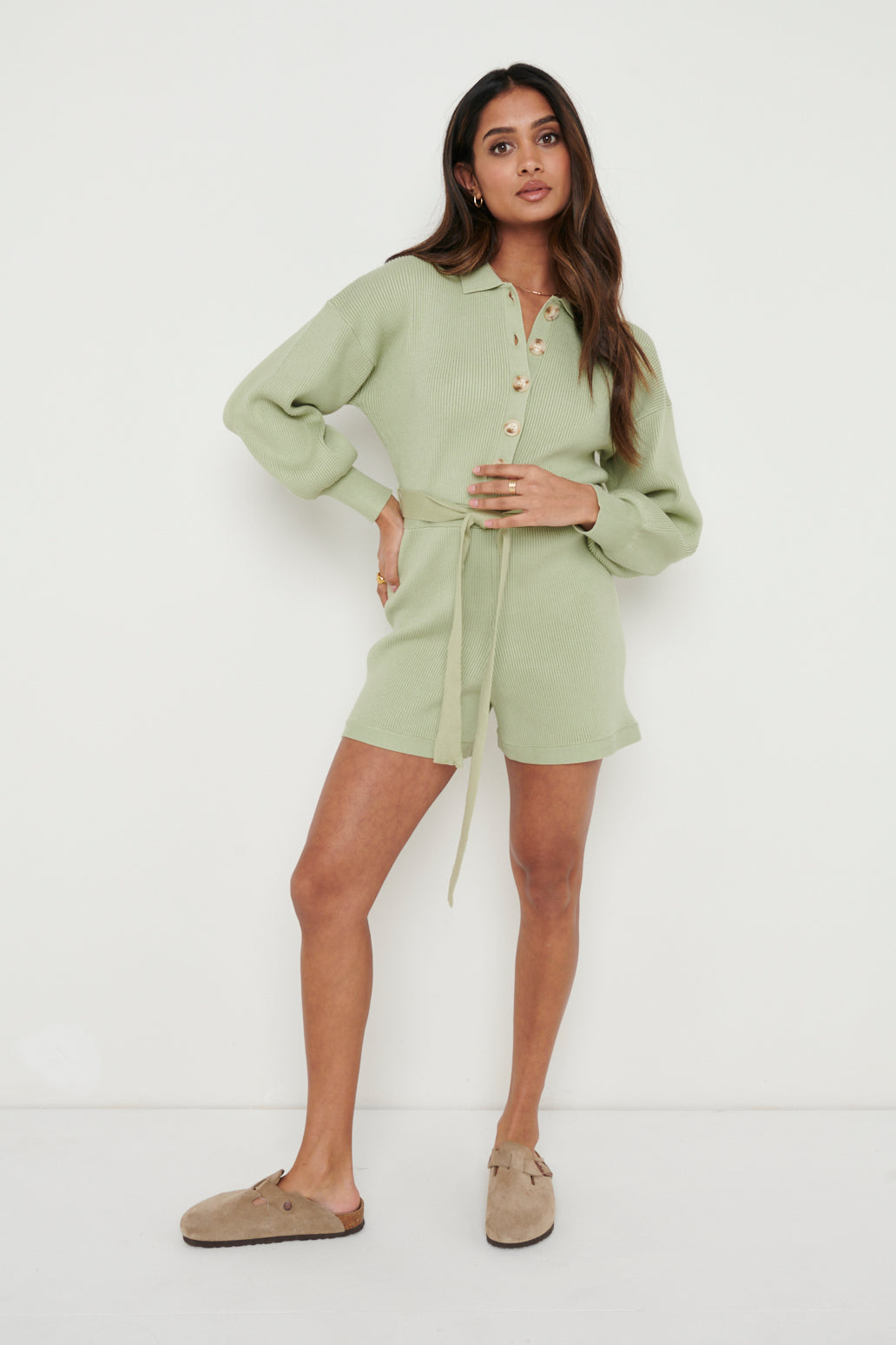 Darcie Balloon Sleeve Knit Playsuit - Olive Green