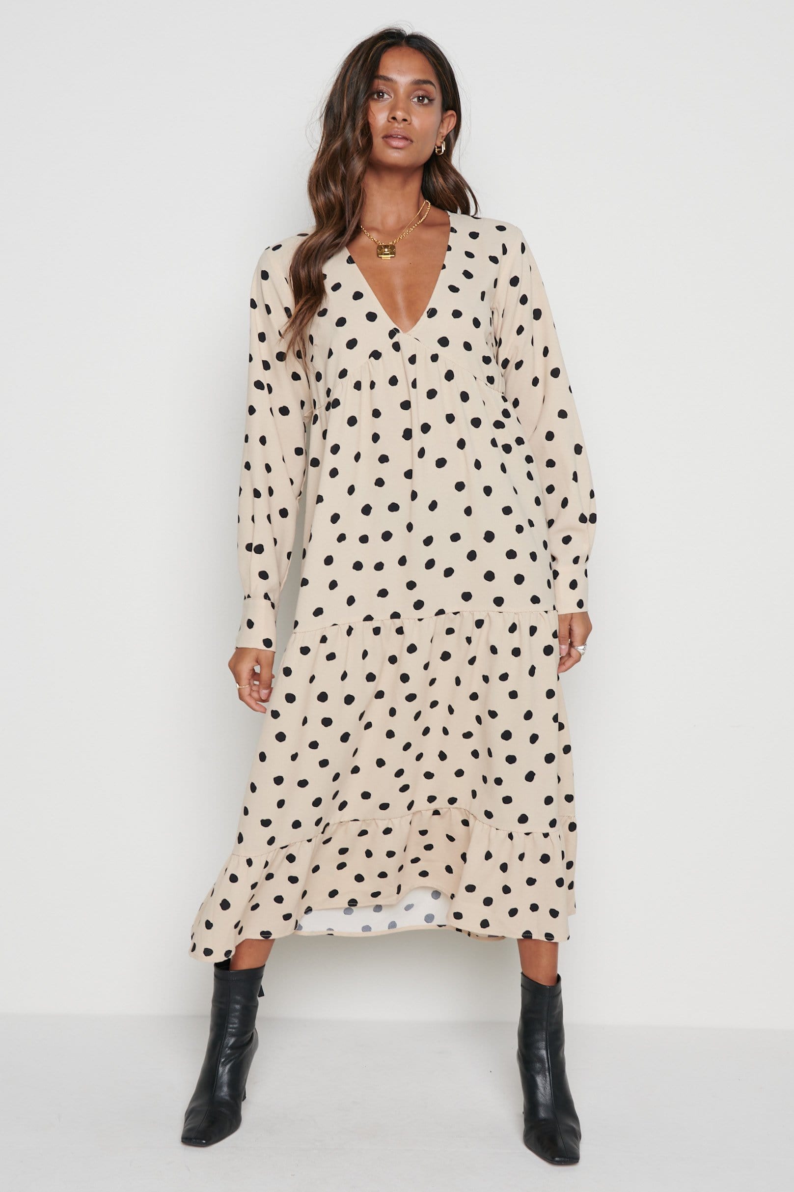 Dotty Day Dress - Beige Polka Dot – Pretty Lavish