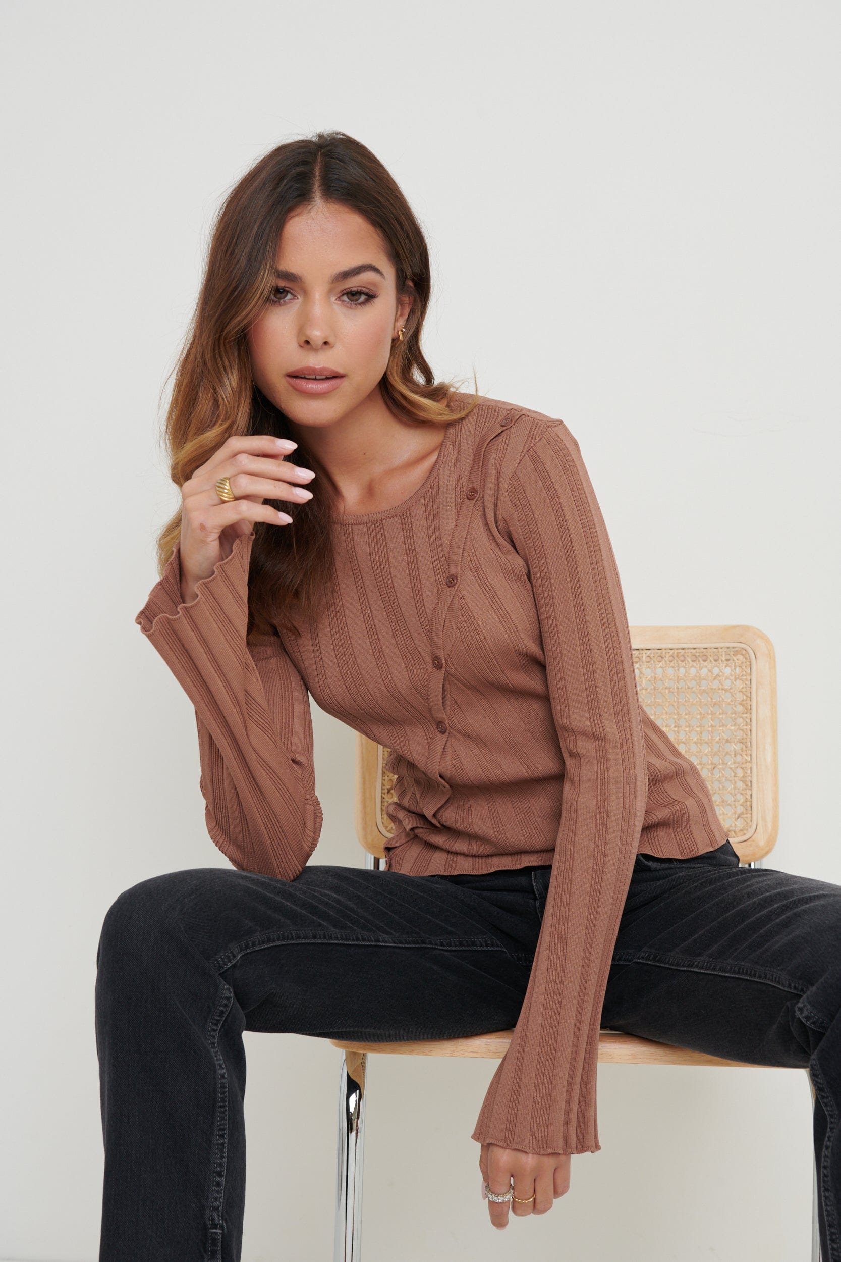 Eden Cut Out Button Knit Top - Chocolate Brown