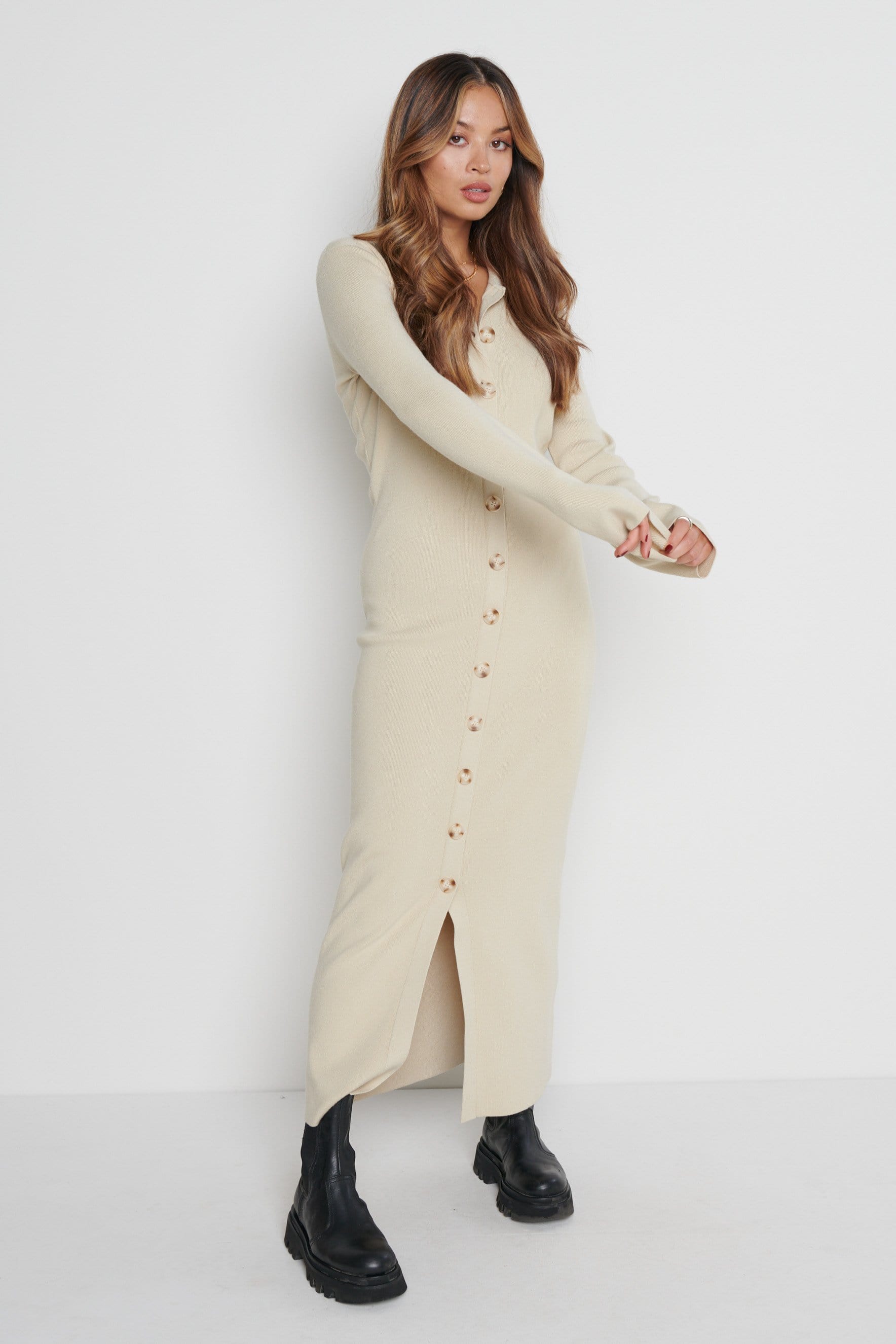 Elsa Knit Button Dress - Beige