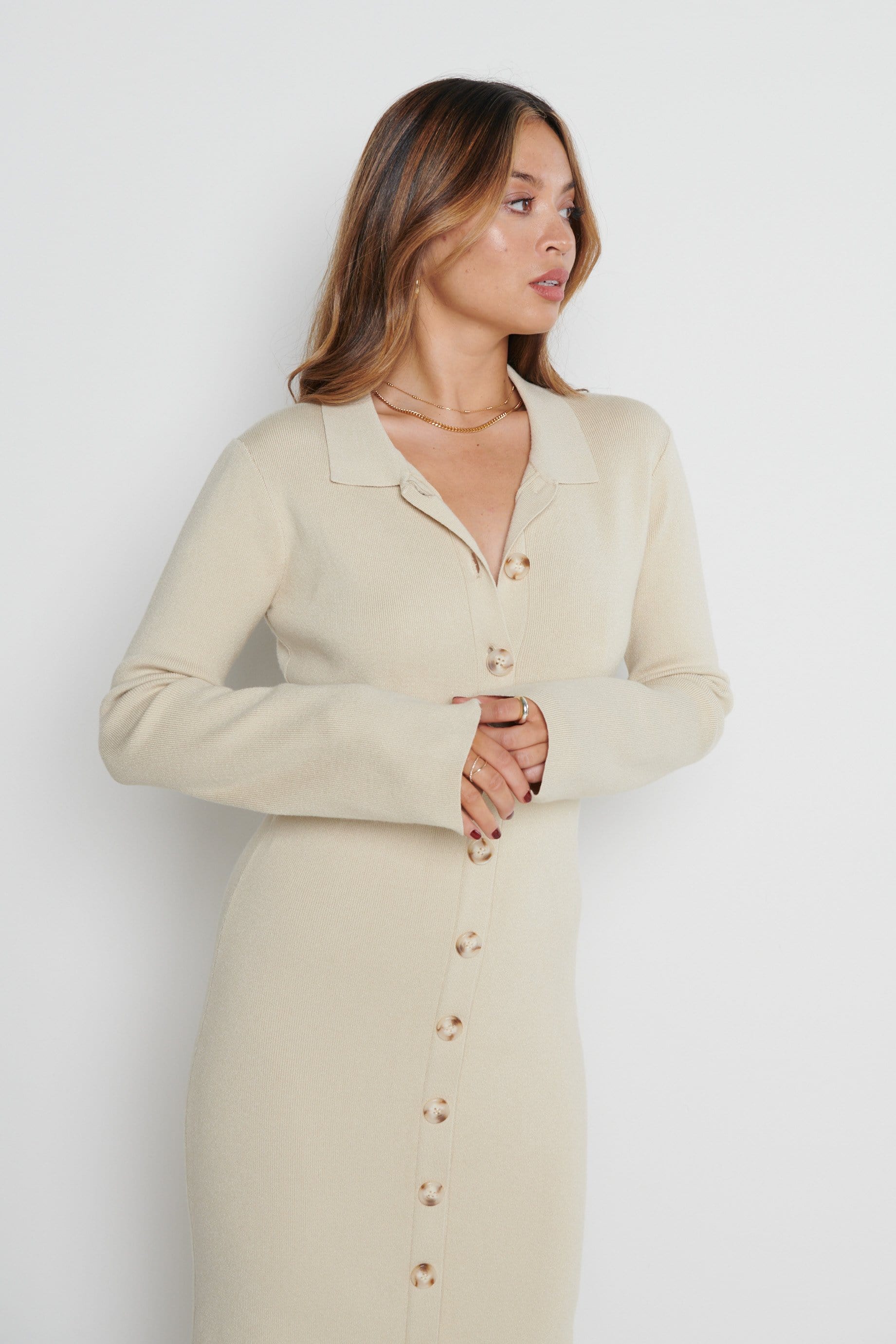 Elsa Knit Button Dress - Beige