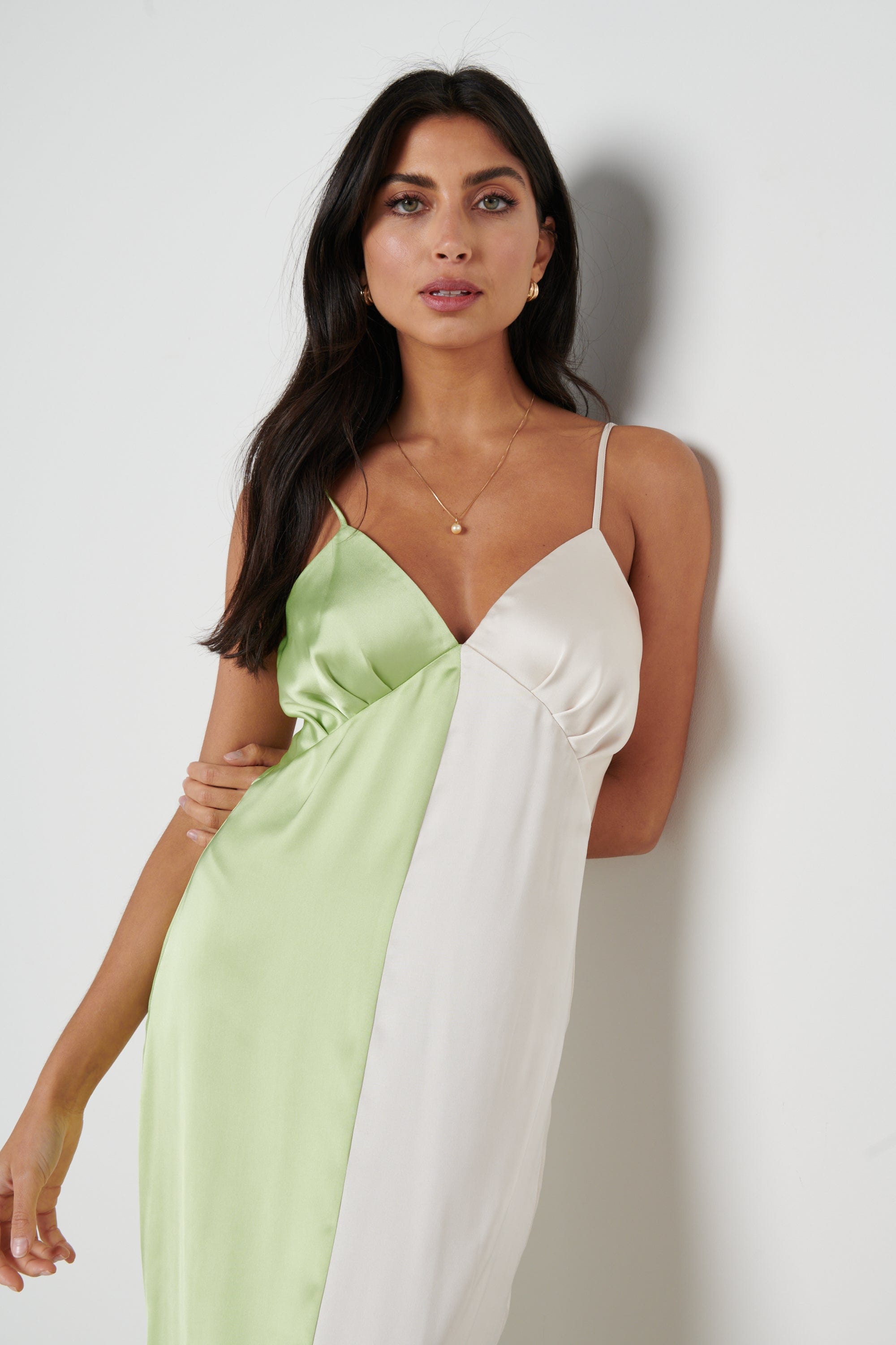 Esmee Contrast Slip Dress - Green and Oyster