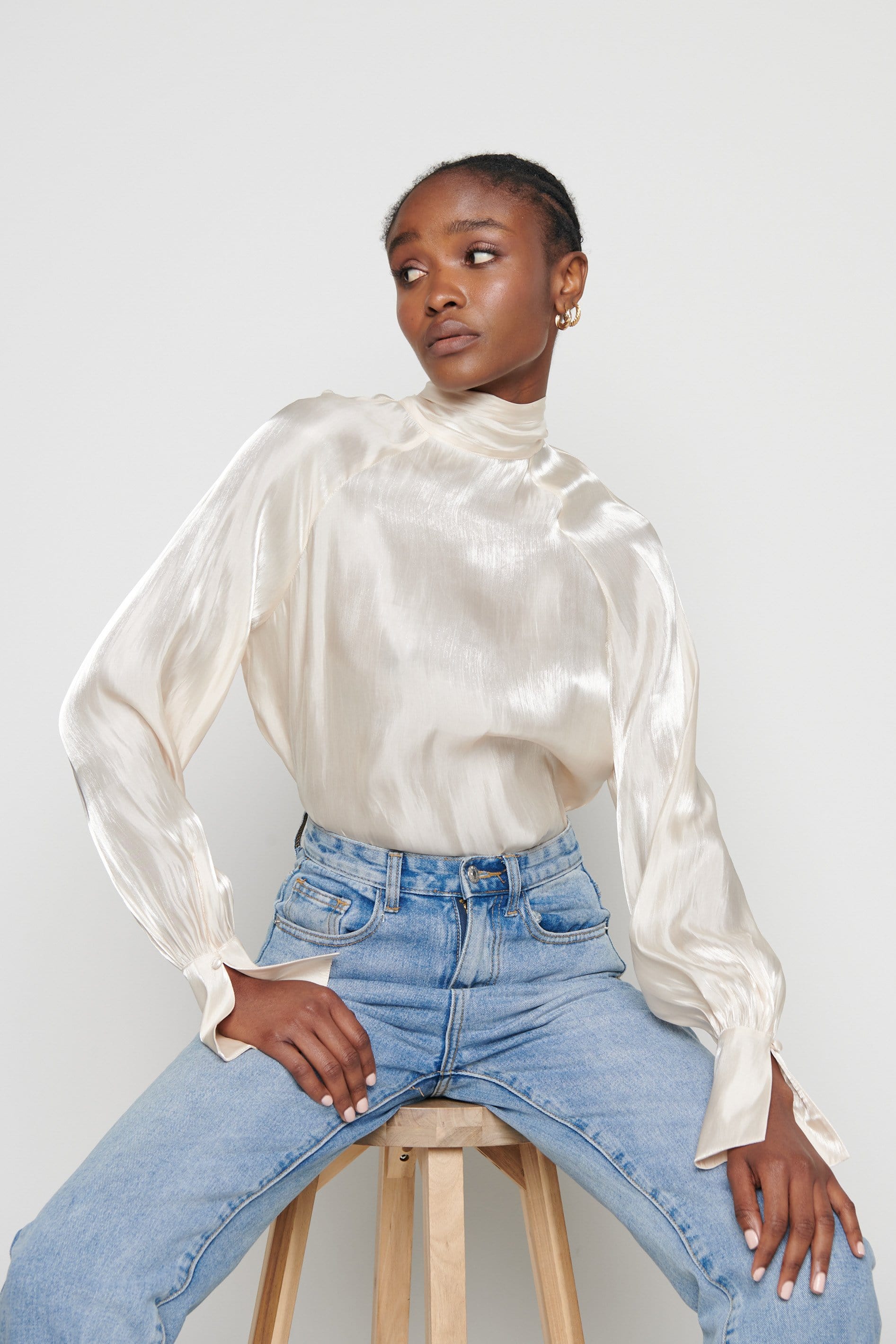 Evie High Neck Tie Blouse - Champagne