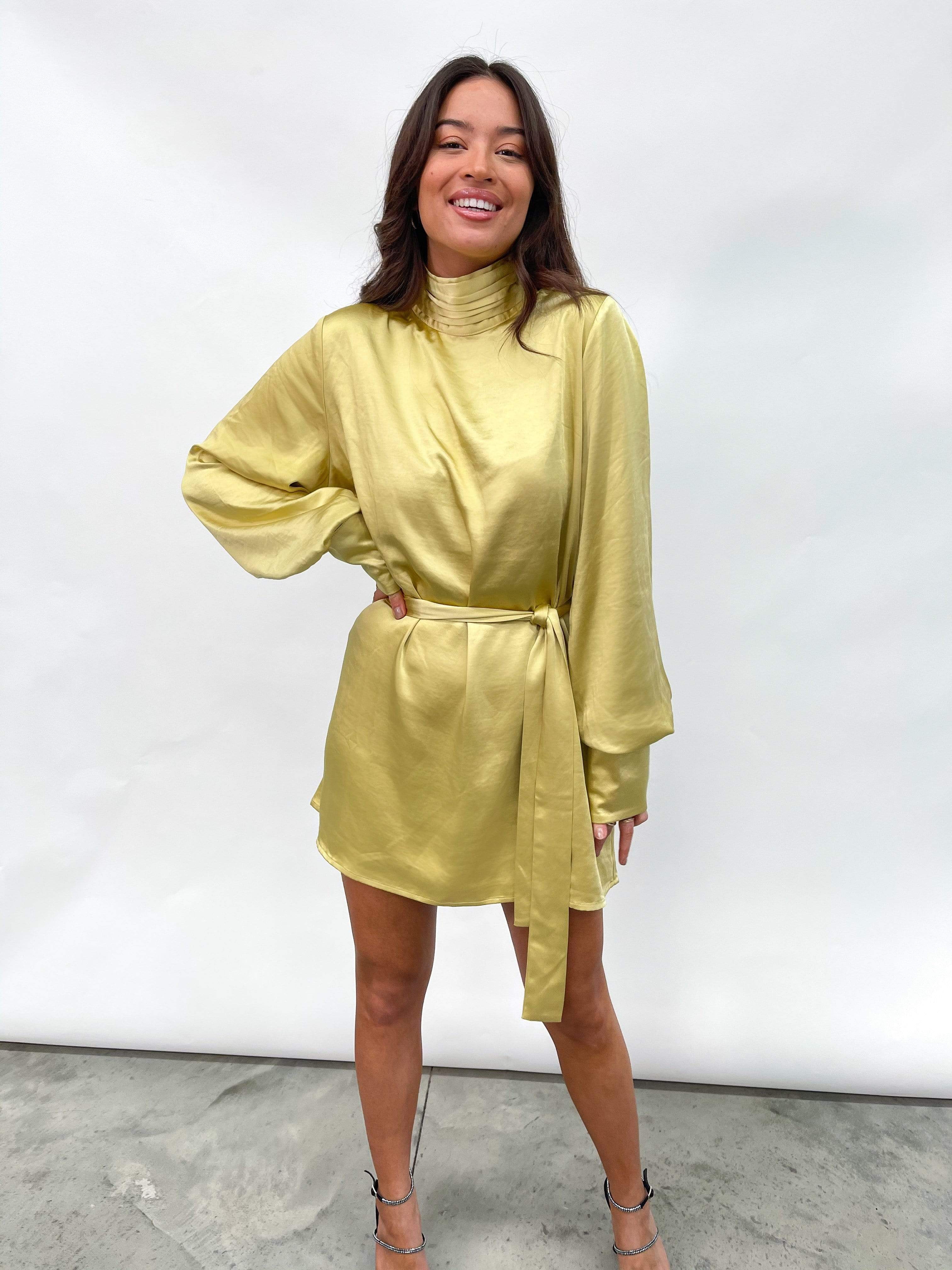 Leah Belted Smock Dress - Yellow (4823944036445)