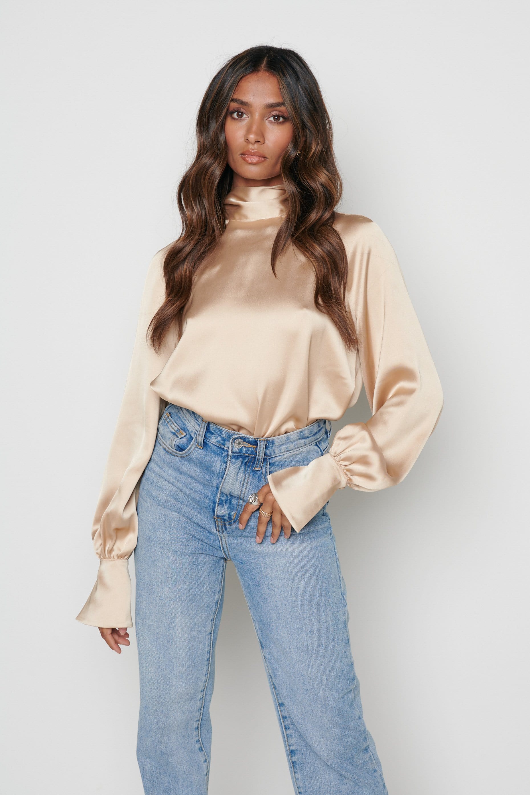 Hailee High Neck Tie Blouse - Champagne Gold
