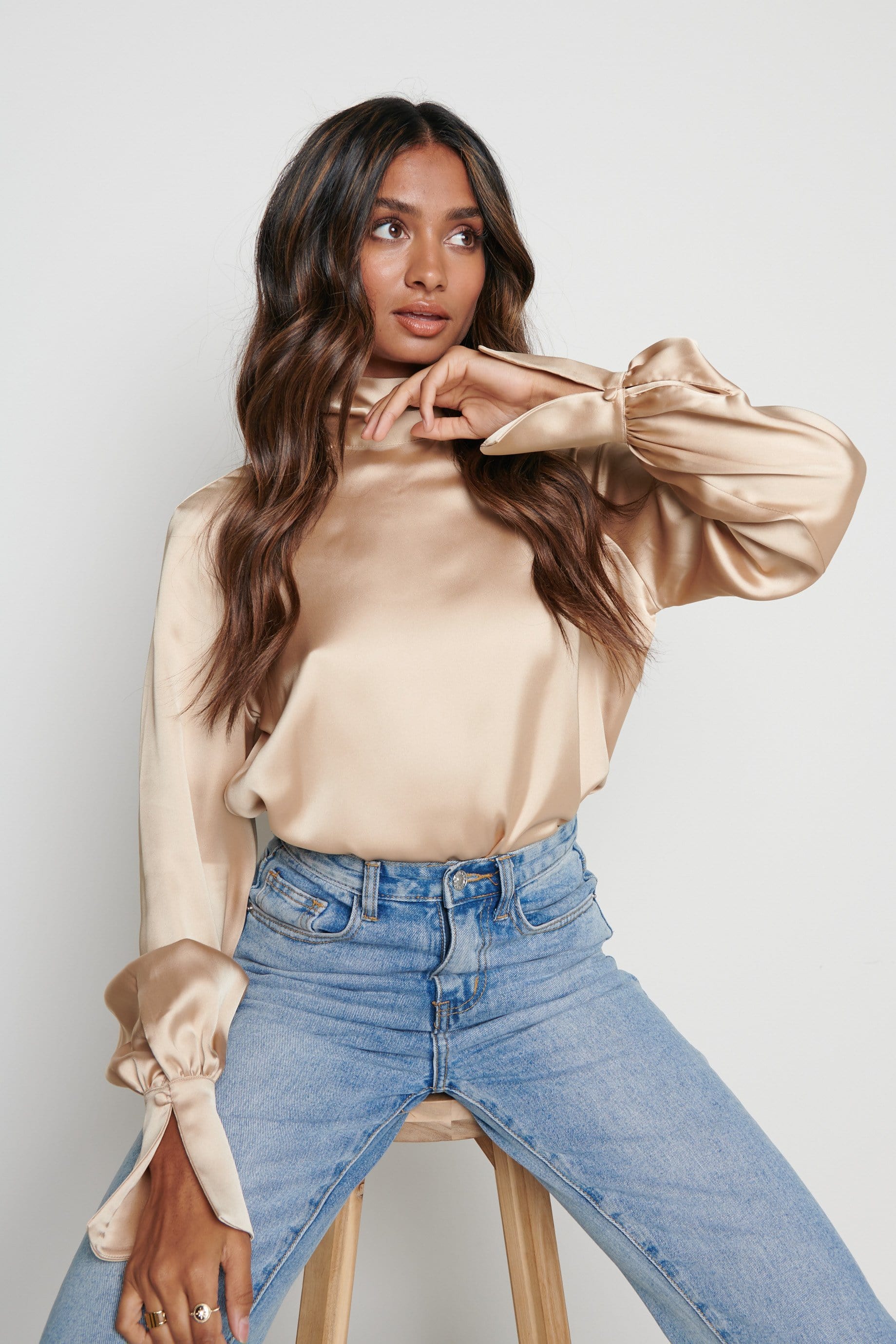 Hailee High Neck Tie Blouse - Champagne Gold