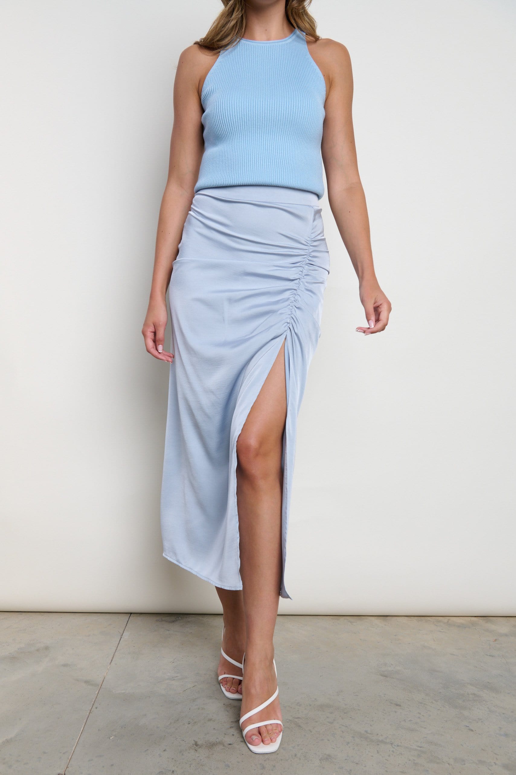 Naomi Ruched Slit Skirt - Blue