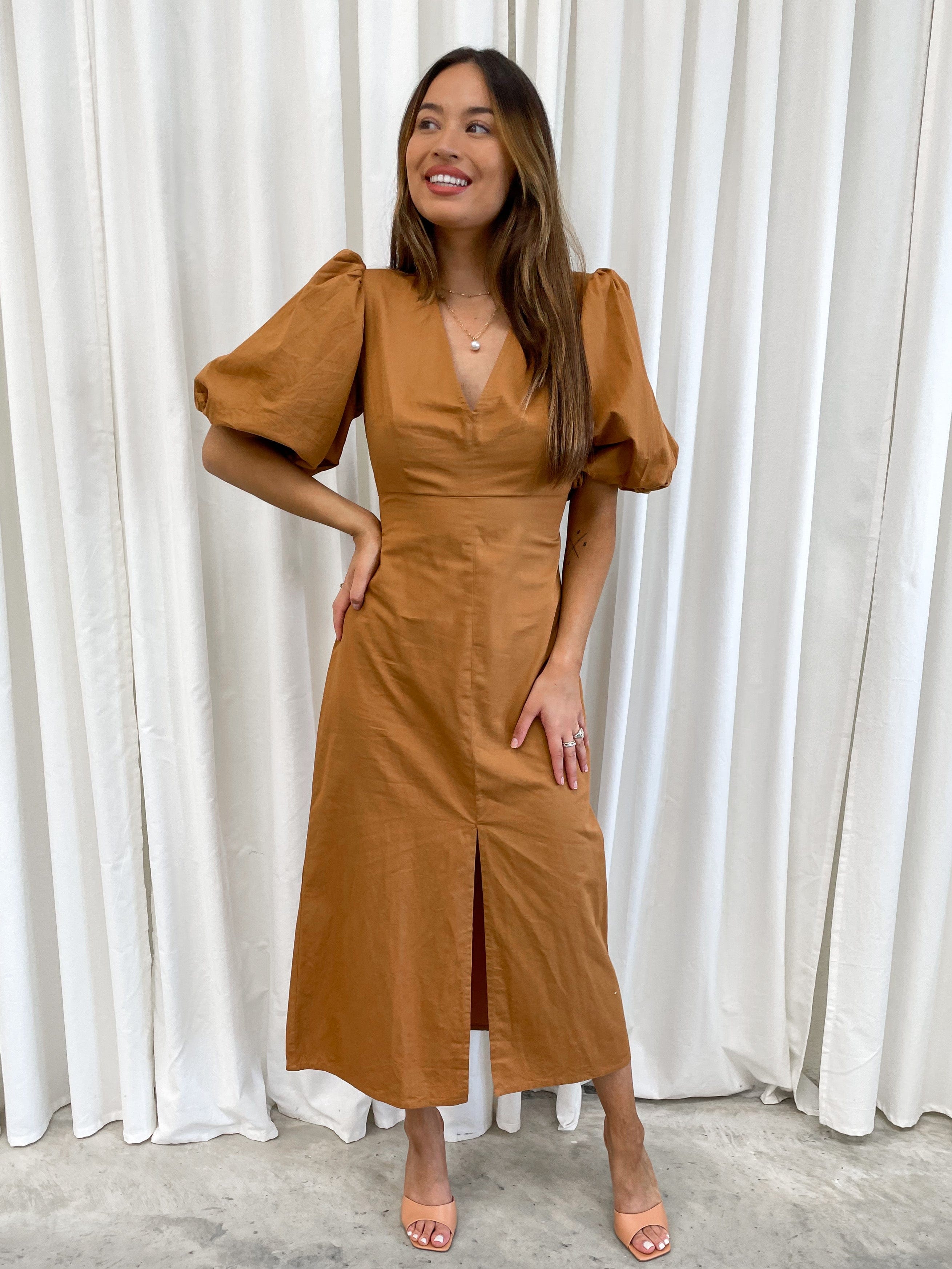 Alara Puff Sleeve Dress - Brown